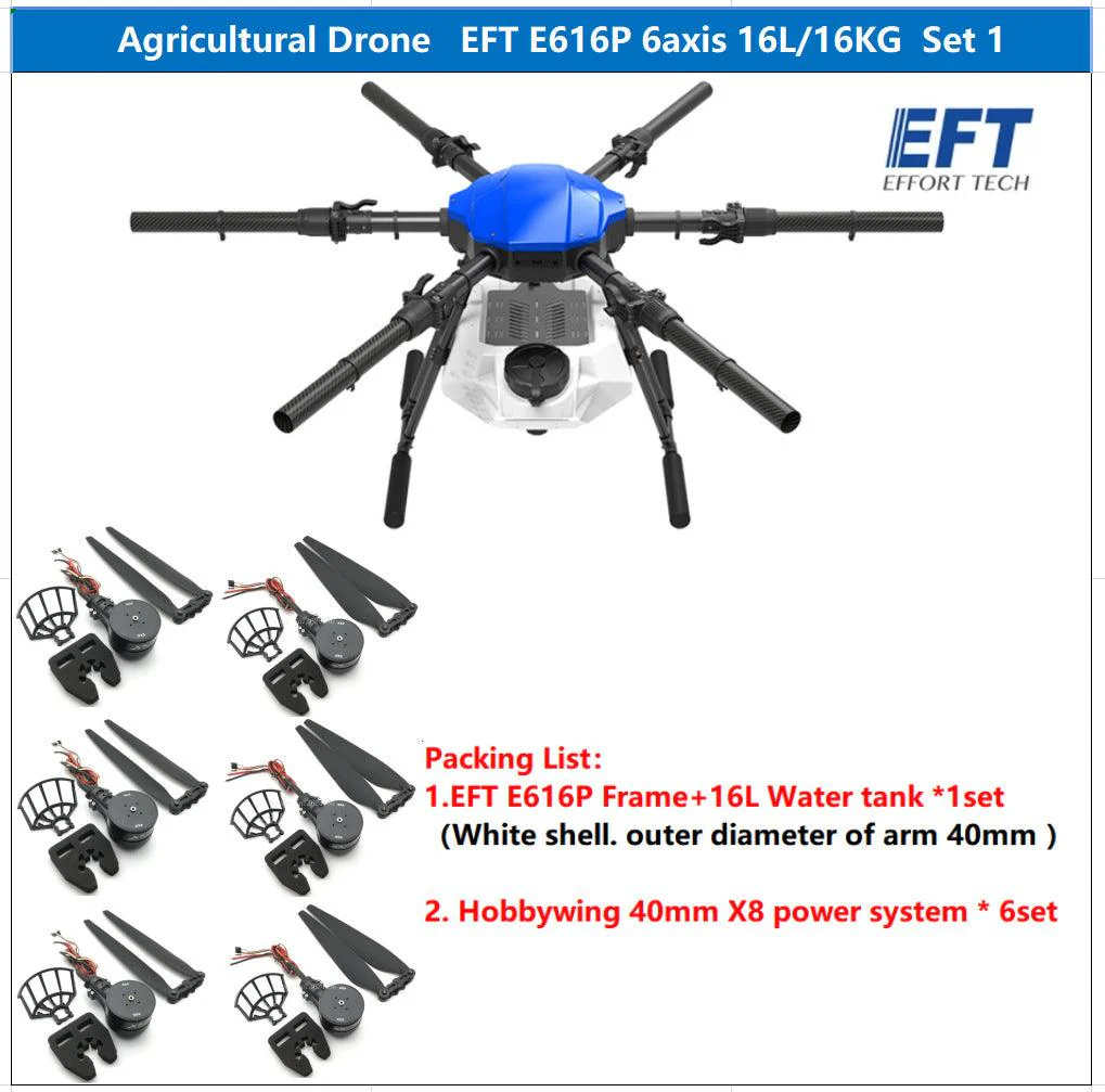 EFT E616P 16L Agriculture Drone - 6 Axis Drone Frame 16L Water Tank Spreader System Sprayer With Hobbywing X8 power, JIYI K++ V2, Skydroid H12, Tattu 12S 22000mAh Battery