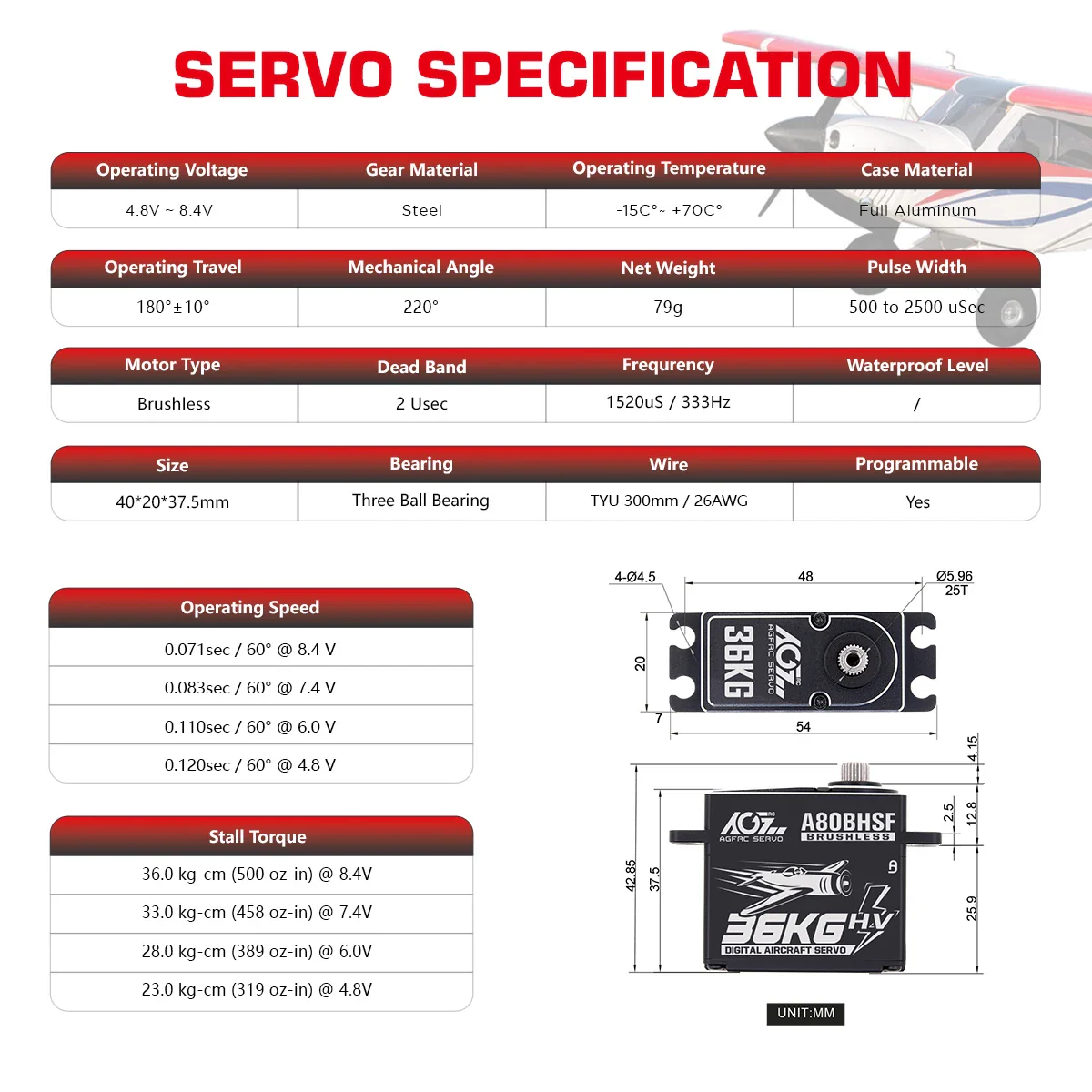 AGFRC Servo A80BHSF - 36KG HV Fast Speed High Torque Brushless Standard Programmable Aircraft Servo for 30-200CC RC Airplane