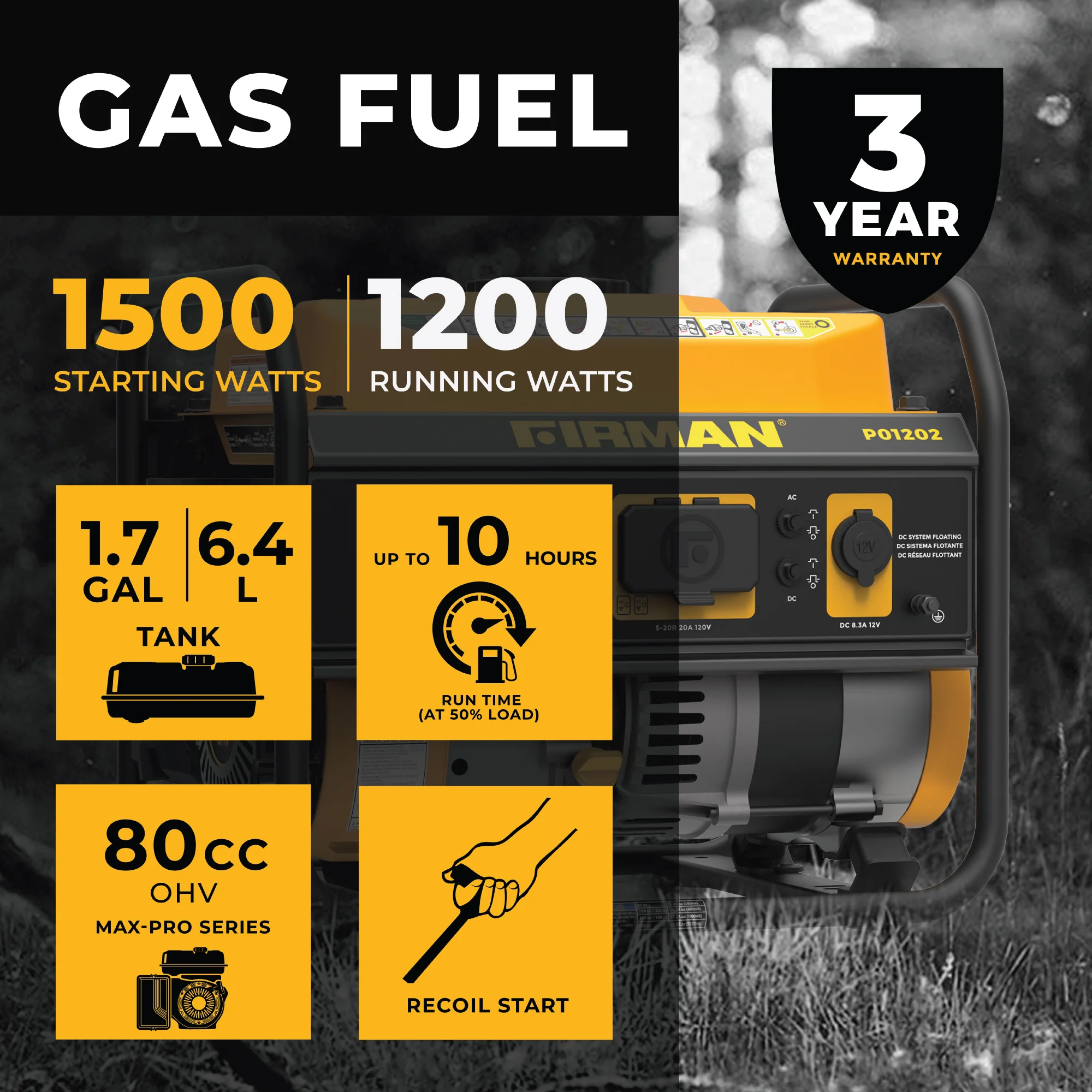 Gas Portable Generator 1500W Recoil Start