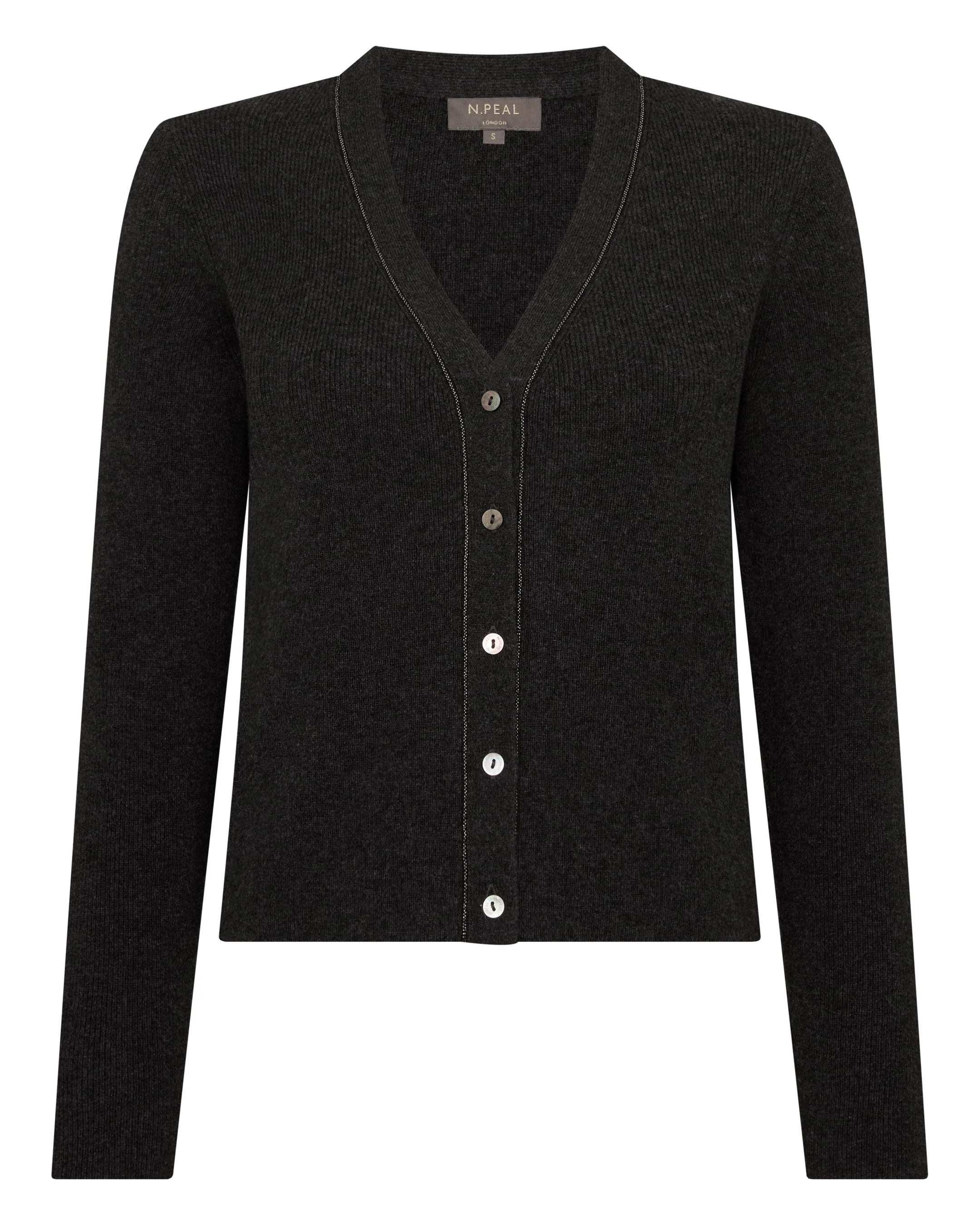 Women's Ribbed Cashmere Cardigan With Metal Trim Deep Charcoal Grey