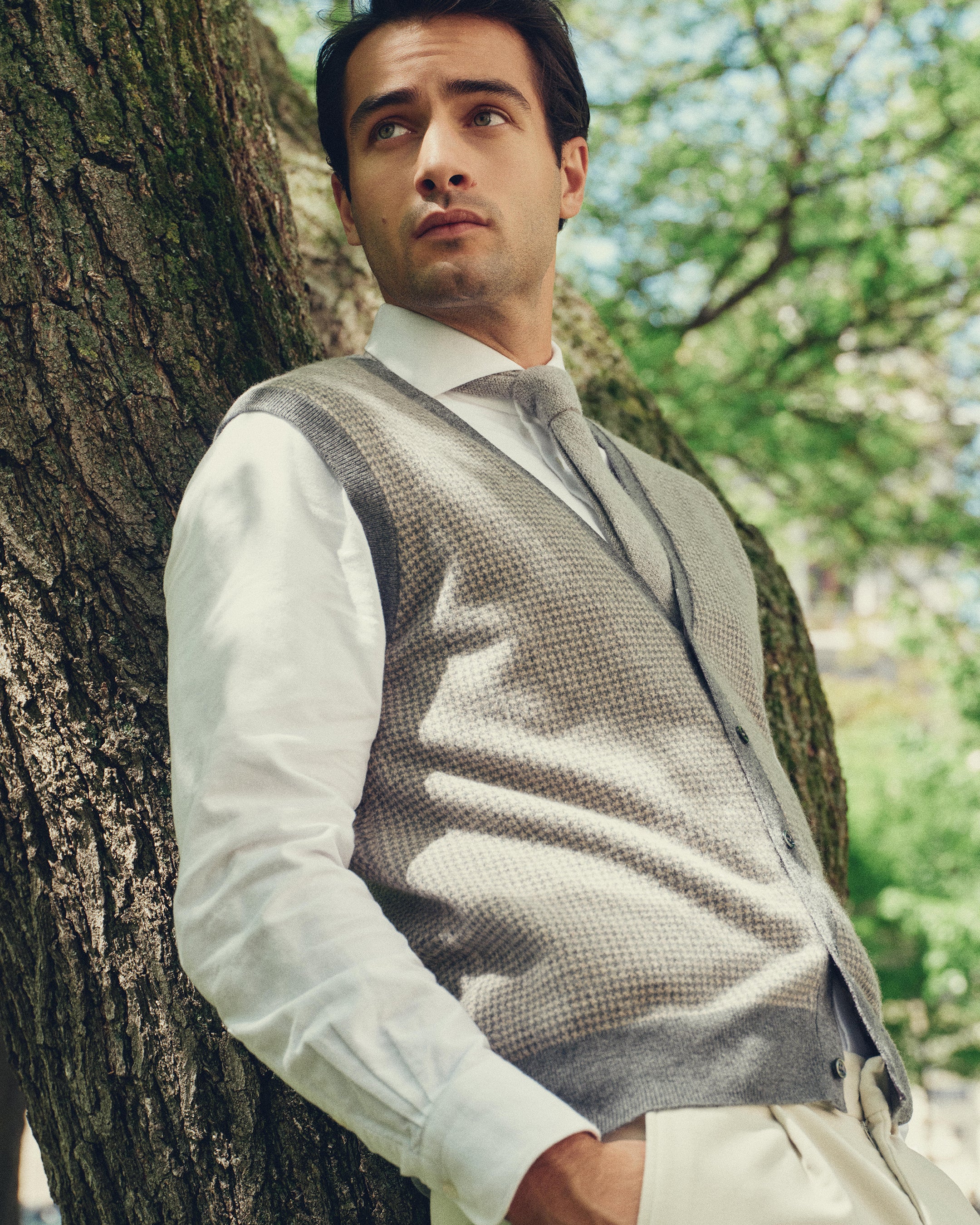 Men's Sleeveless Cashmere Tank Top Oatmeal Houndstooth Brown