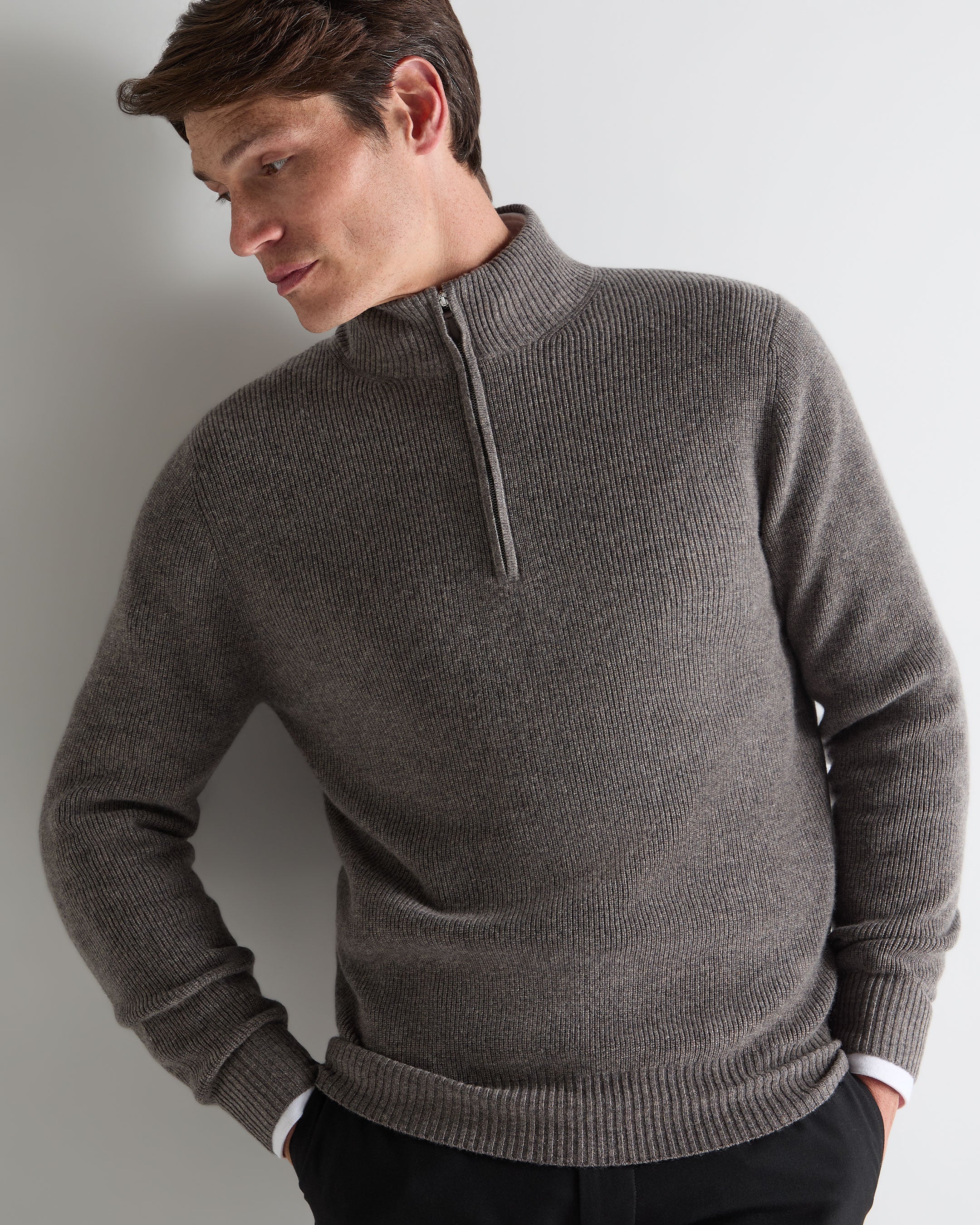Men's Ribbed Half Zip Cashmere Jumper Wood Smoke Brown