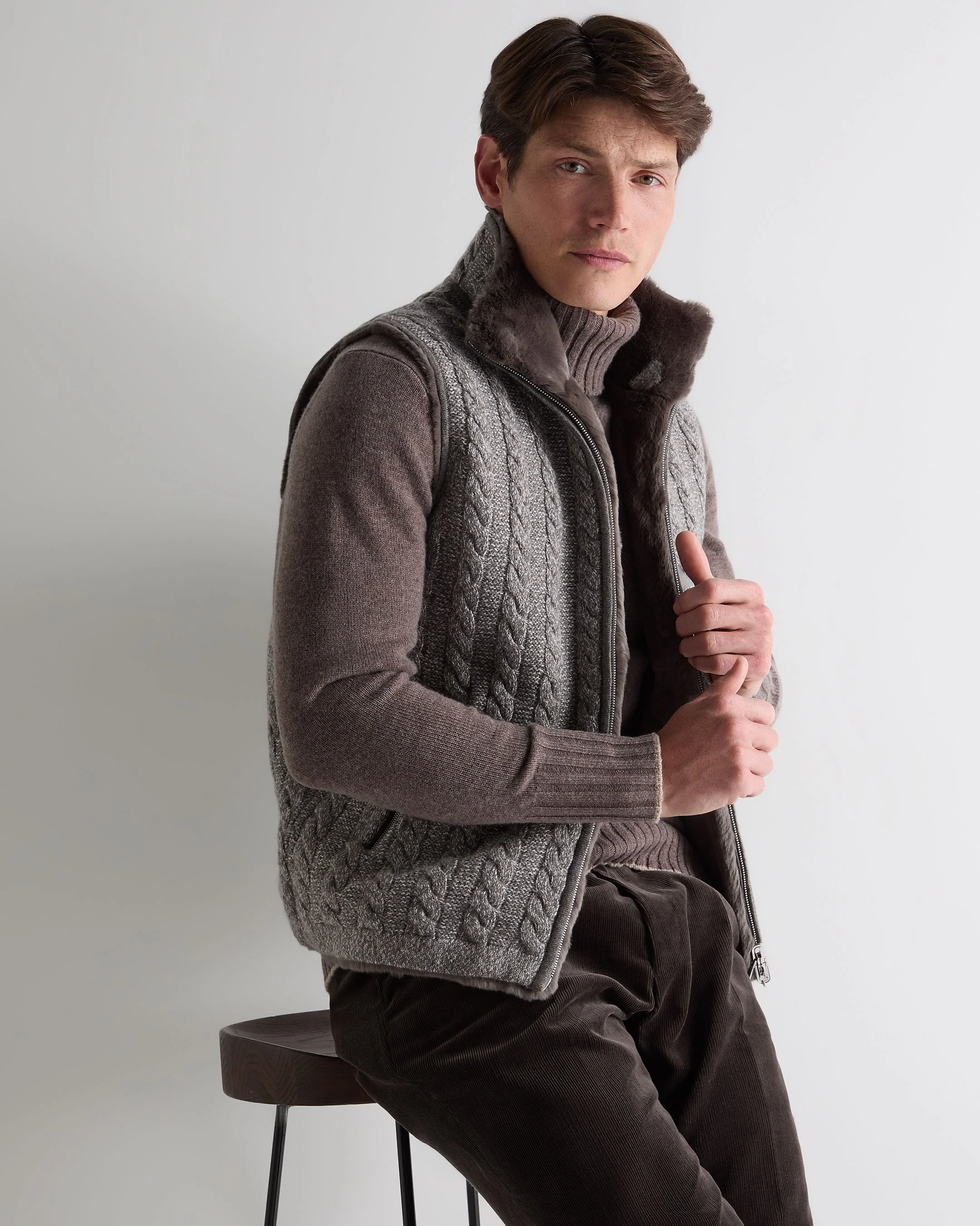 Men's Dolomiti Cable Fur Gilet Soft Truffle Brown Marl