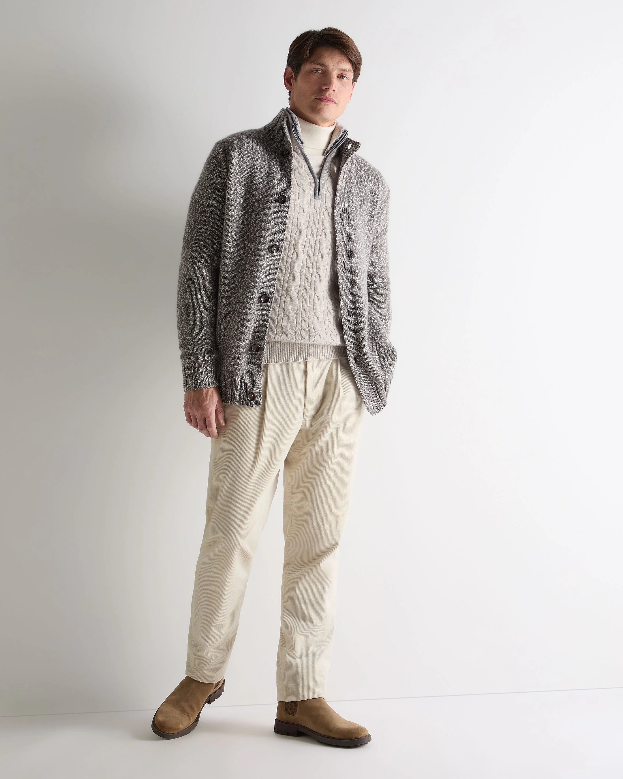 Men's Fur Trim Half Zip Cashmere Jumper Nougat Brown Marl