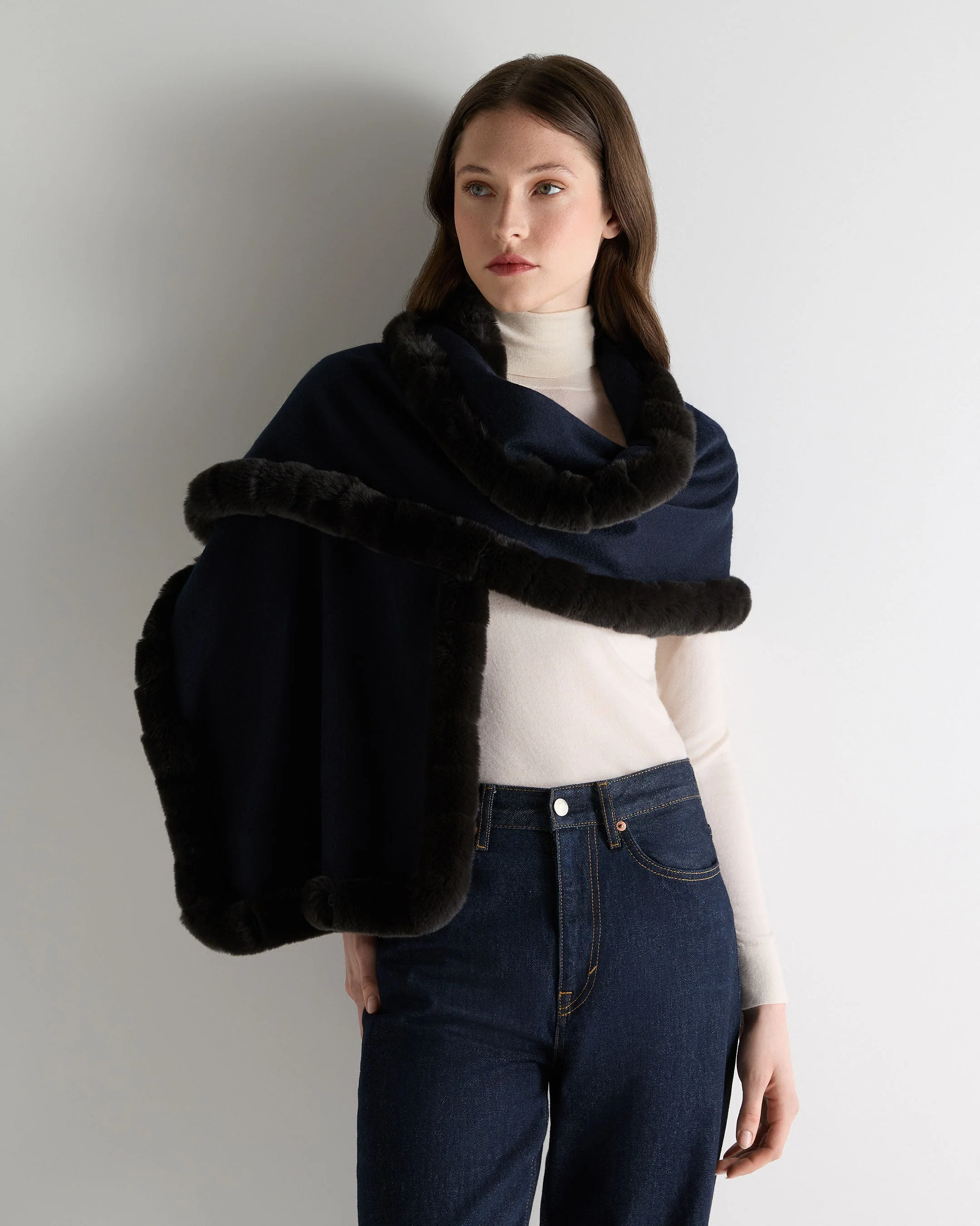 Women's Meribel Woven Fur Trim Scarf Navy Blue