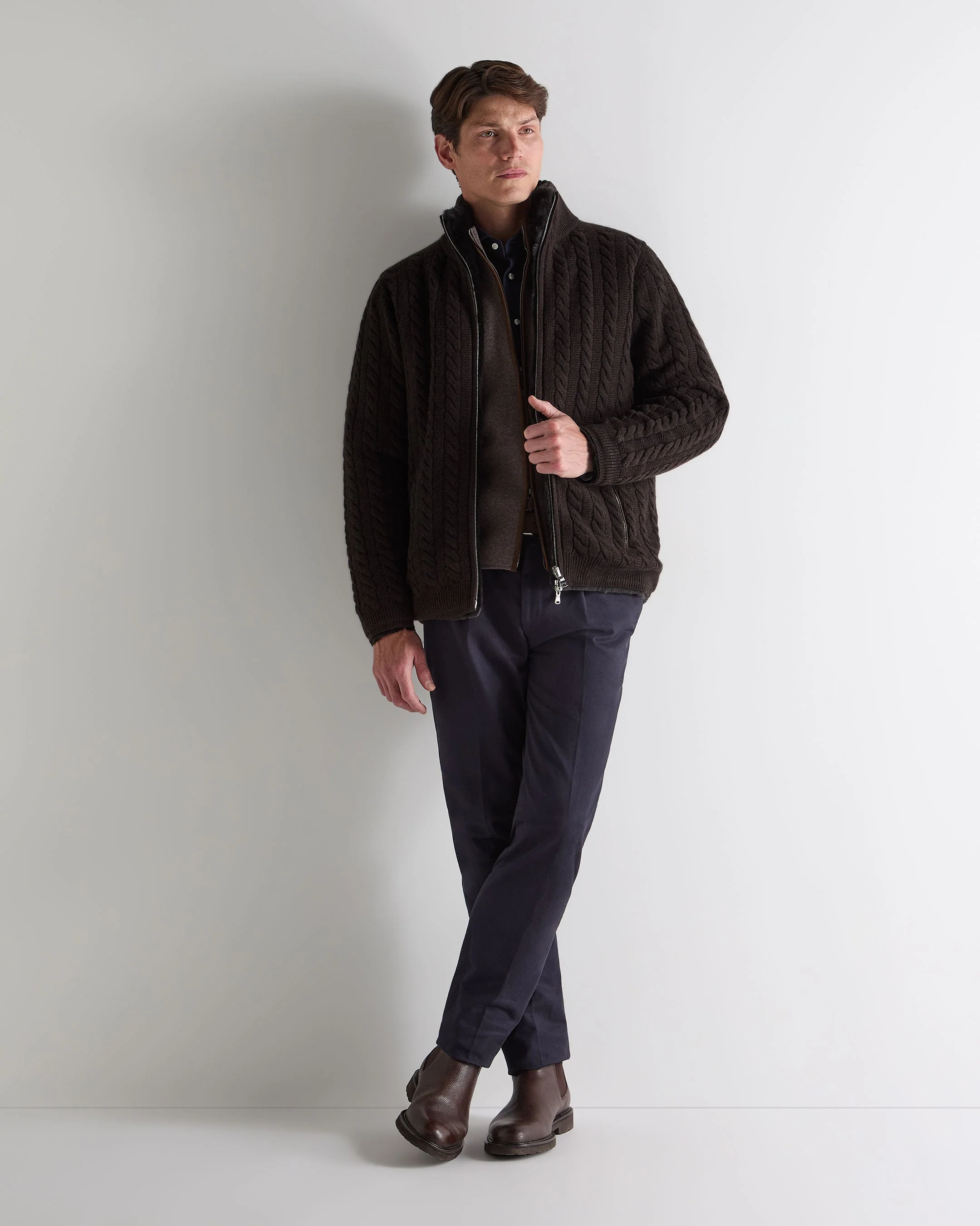 Men's Aspen Cashmere Cable Fur Cardigan Chocolate Brown