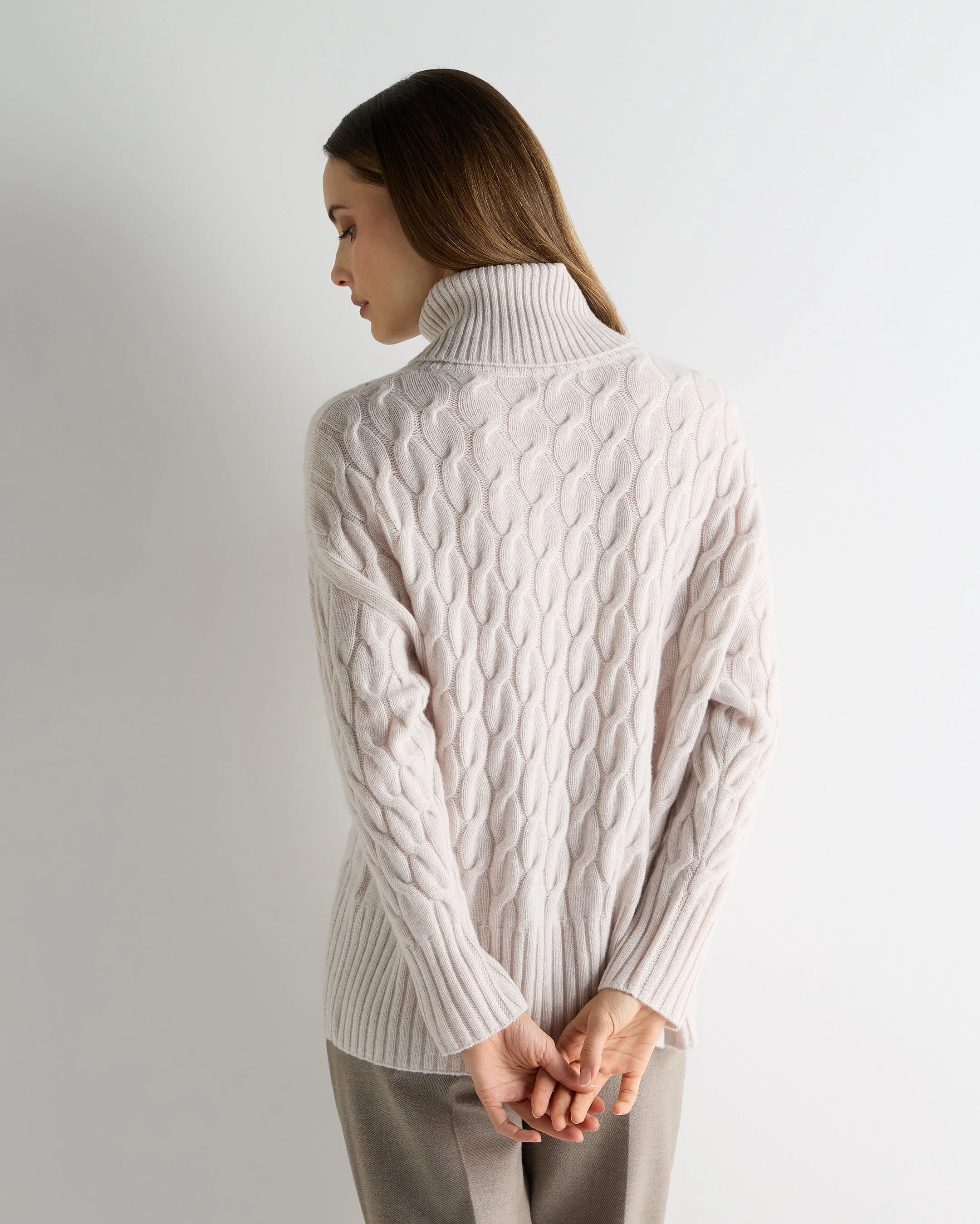 Women's Emmie Relaxed Cable Turtle Neck Cashmere Sweater Frost White