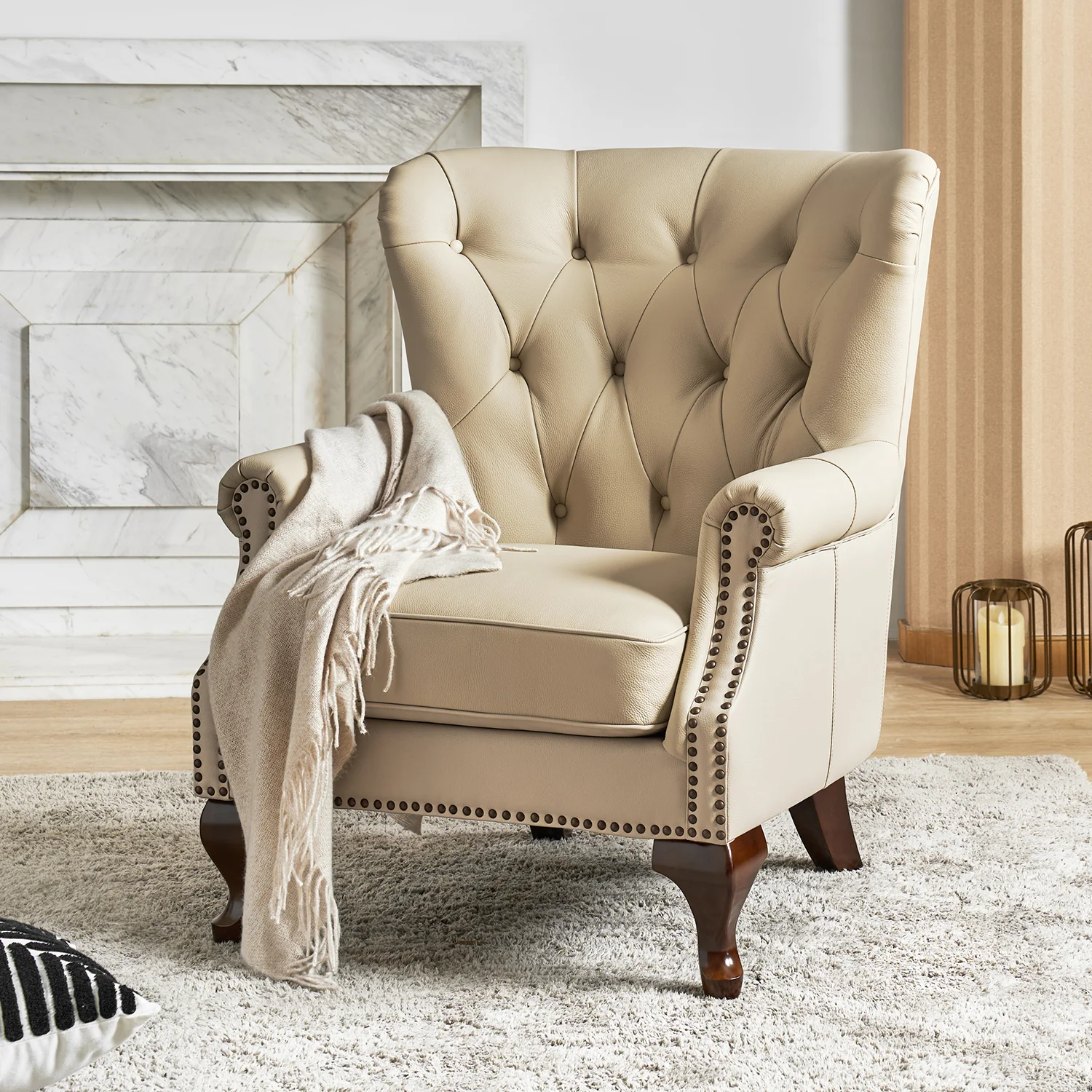 Anthony Genuine Leather Armchair in Beige