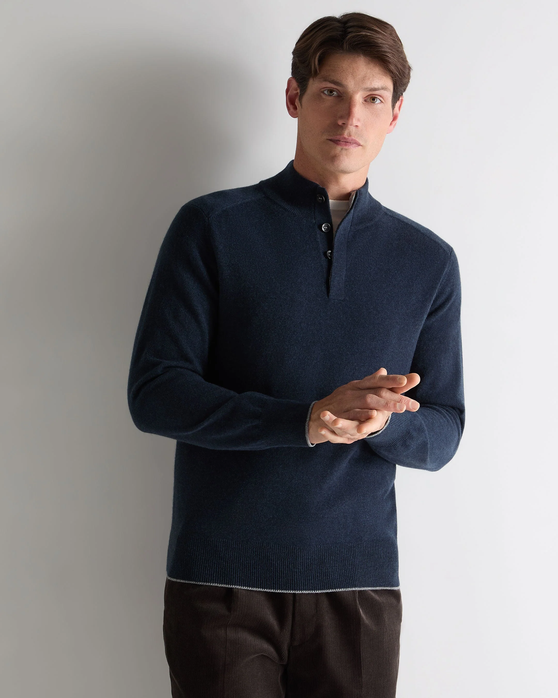 Men's Half Button Cashmere Sweater Indigo Blue