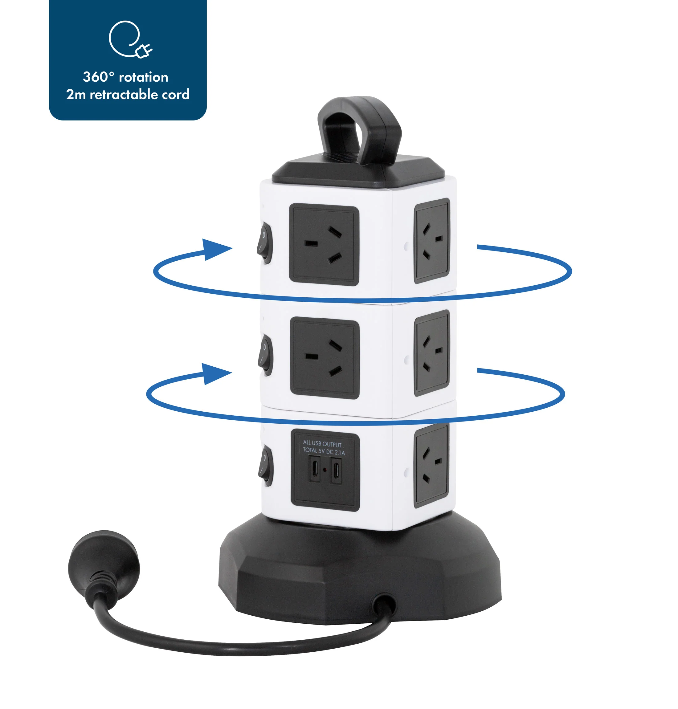 Tower Power Board w/ 10 Outlets + 2x USB-A & 2x USB-C