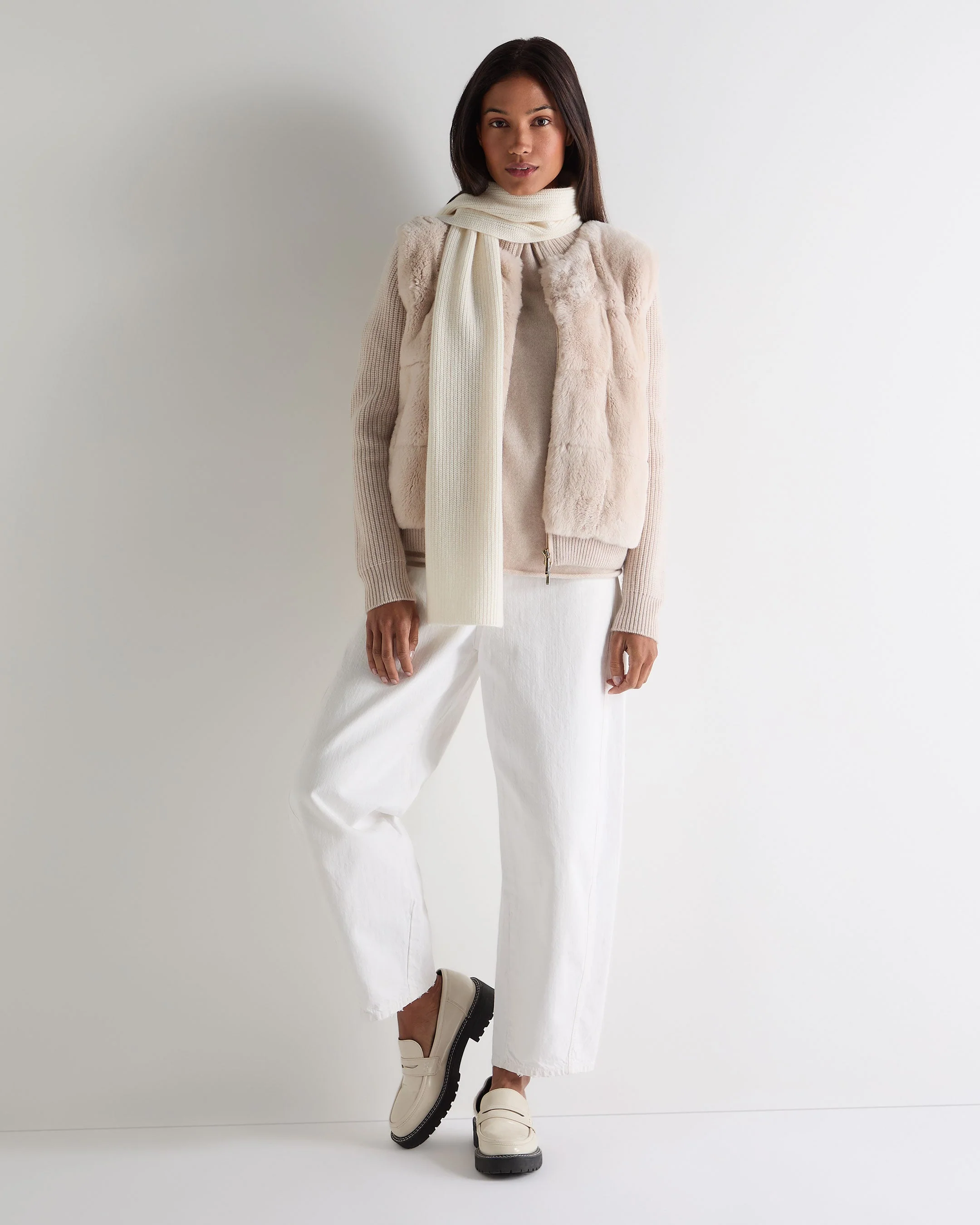 Women's Fur Trim Rib Cashmere Cardigan Ecru White