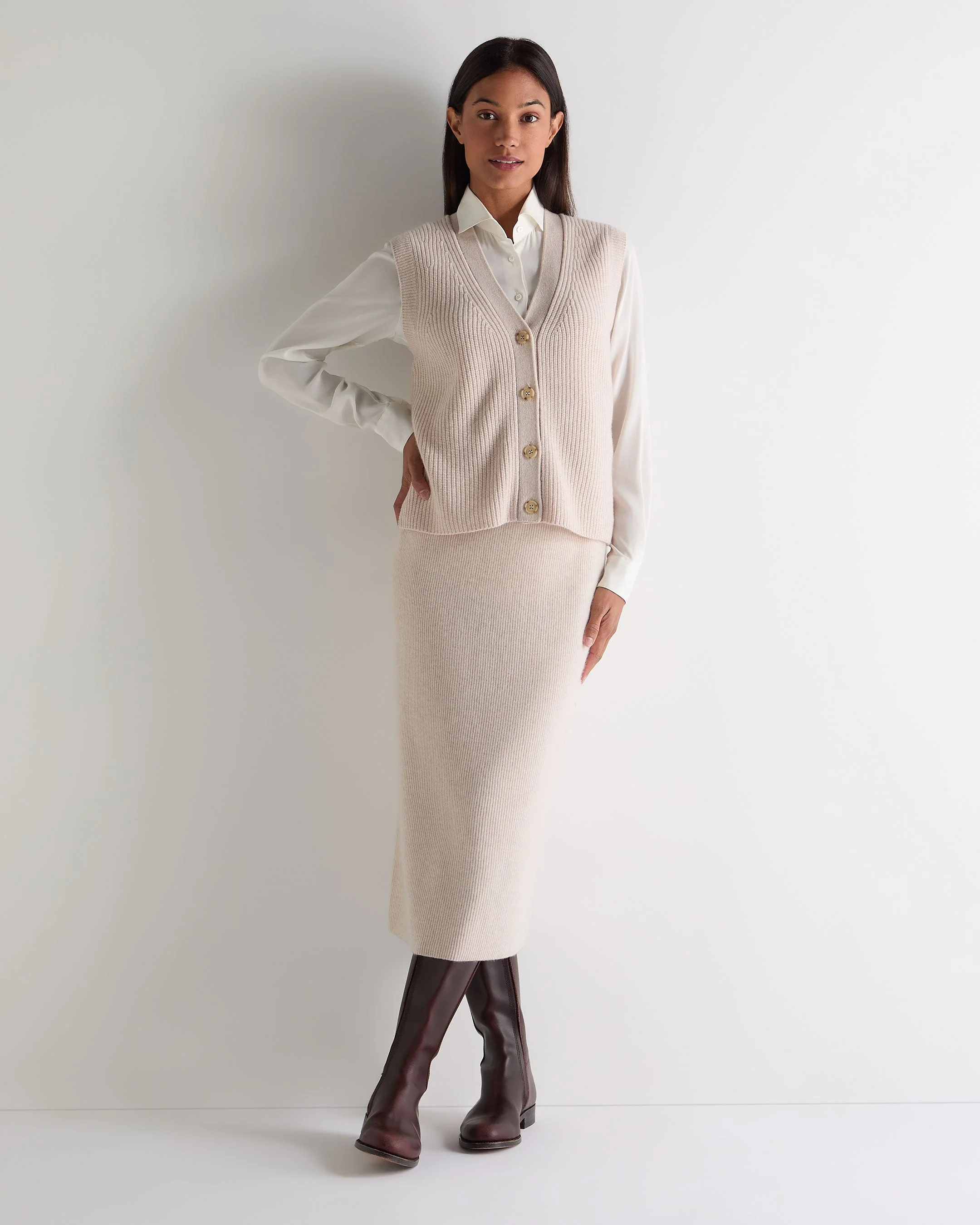 Women's Rib Cashmere Skirt Ecru White