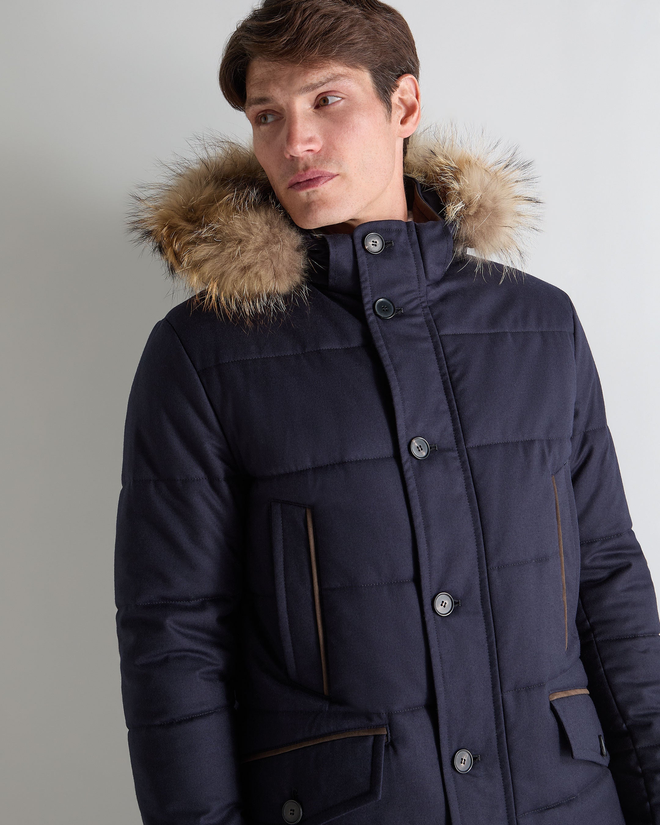 Men's Fur Trim Coat Navy Blue