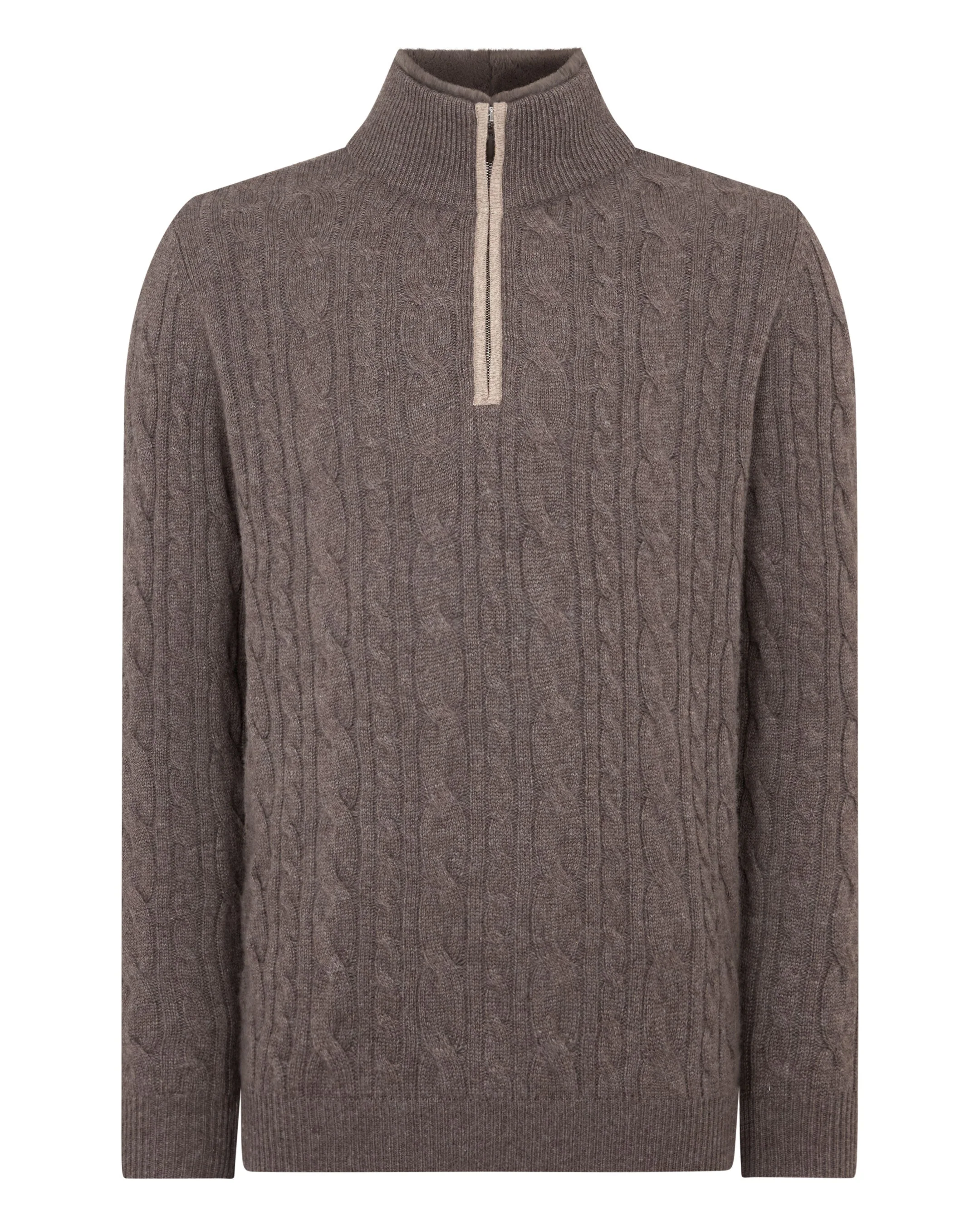 Men's Fur Trim Half Zip Cashmere Jumper Otter Brown