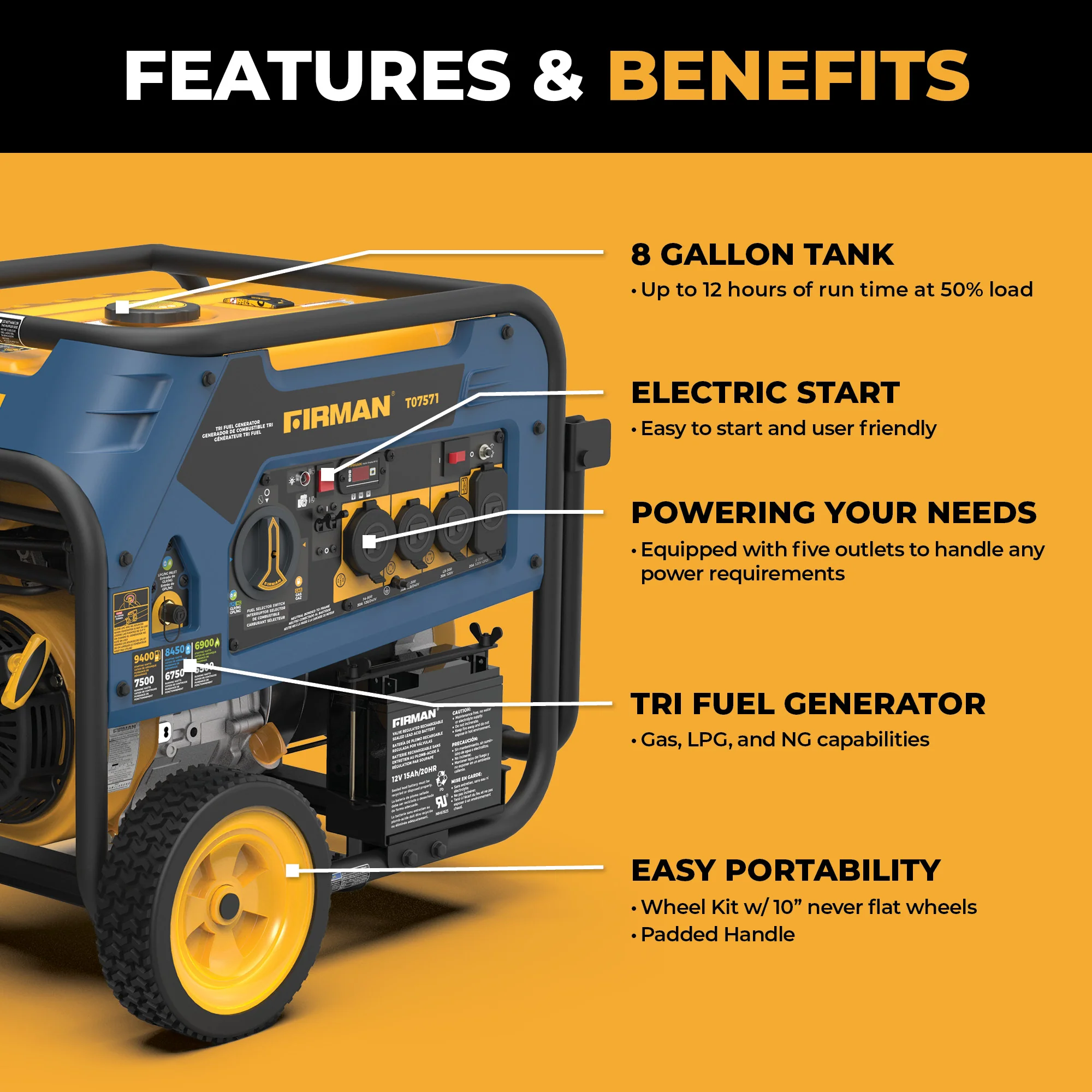 Tri Fuel 7500W Portable Generator Electric Start 120/240V