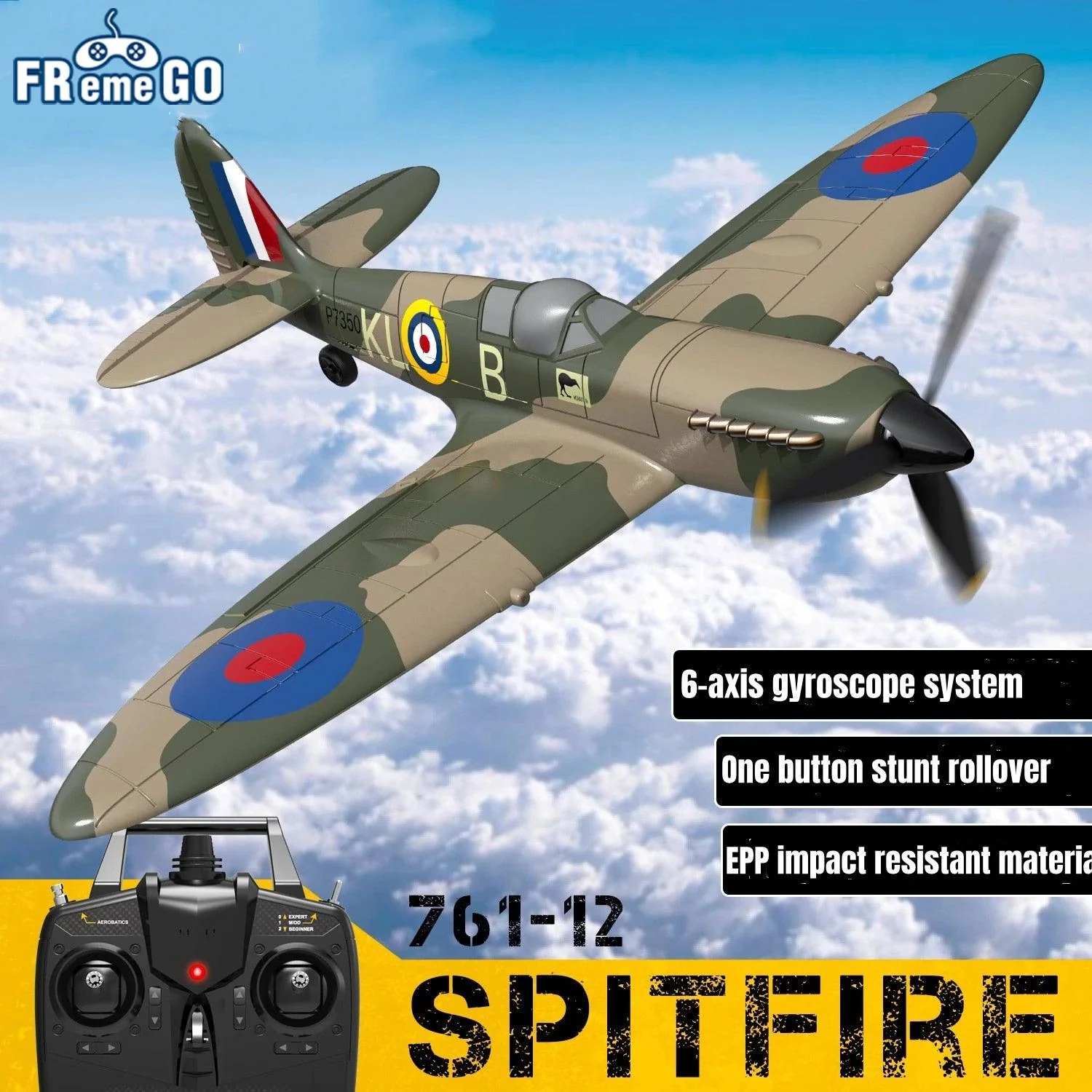 761-12 Spitfire RC Airplane - 2.4G 4CH EPP 400mm Wingspan 6-Axis Spitfire RC Warbird Mini Plane RTF Remote Control Plane