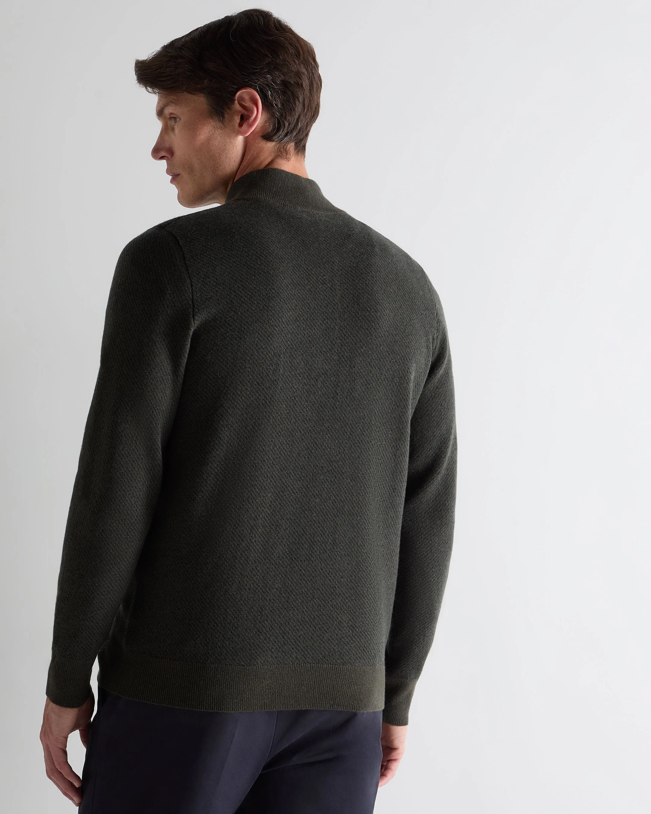 Men's Temple Jacquard Half Zip Cashmere Jumper Arabica Khaki Green