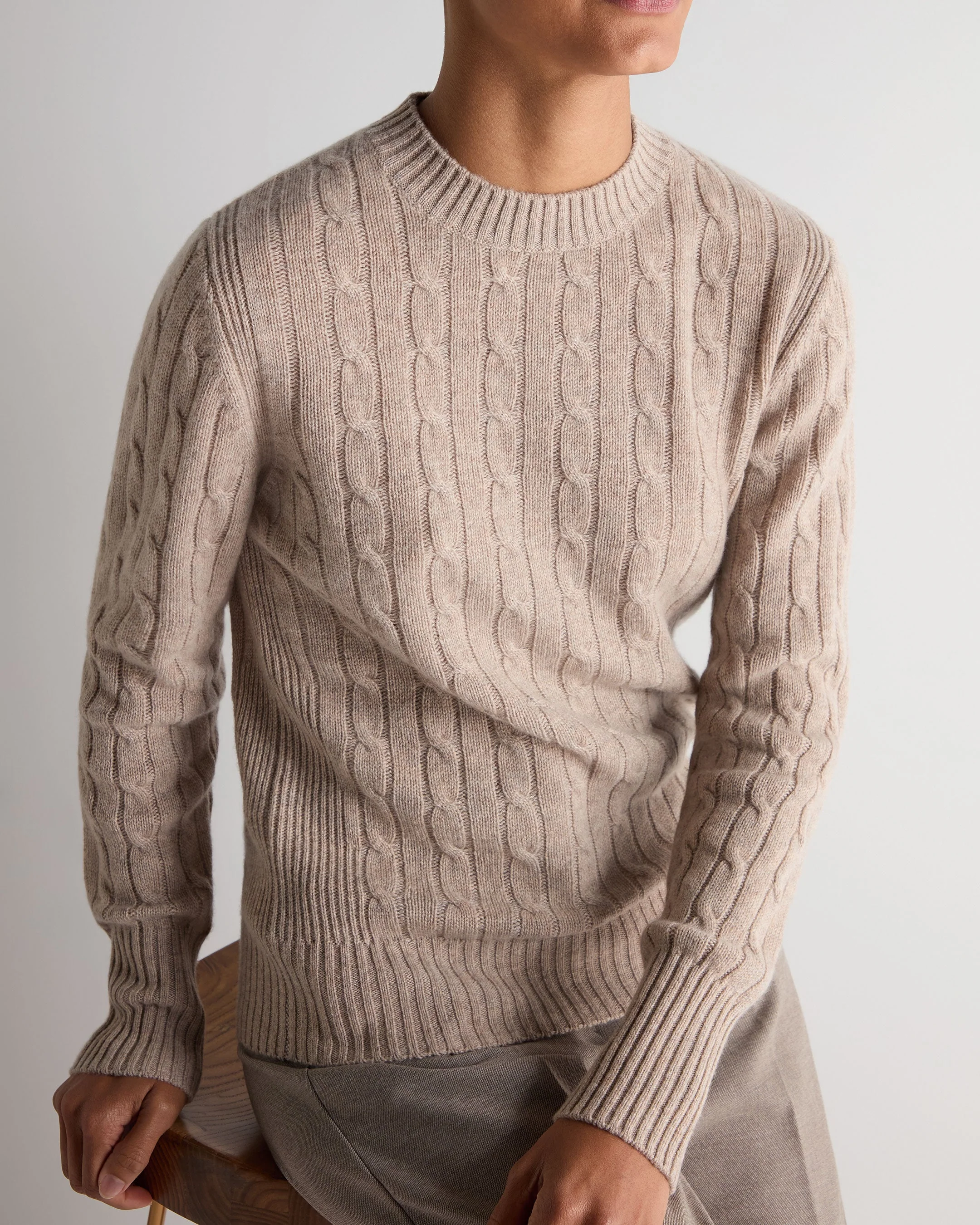 Women's Adelyn Cable Round Neck Cashmere Sweater Oatmeal Brown