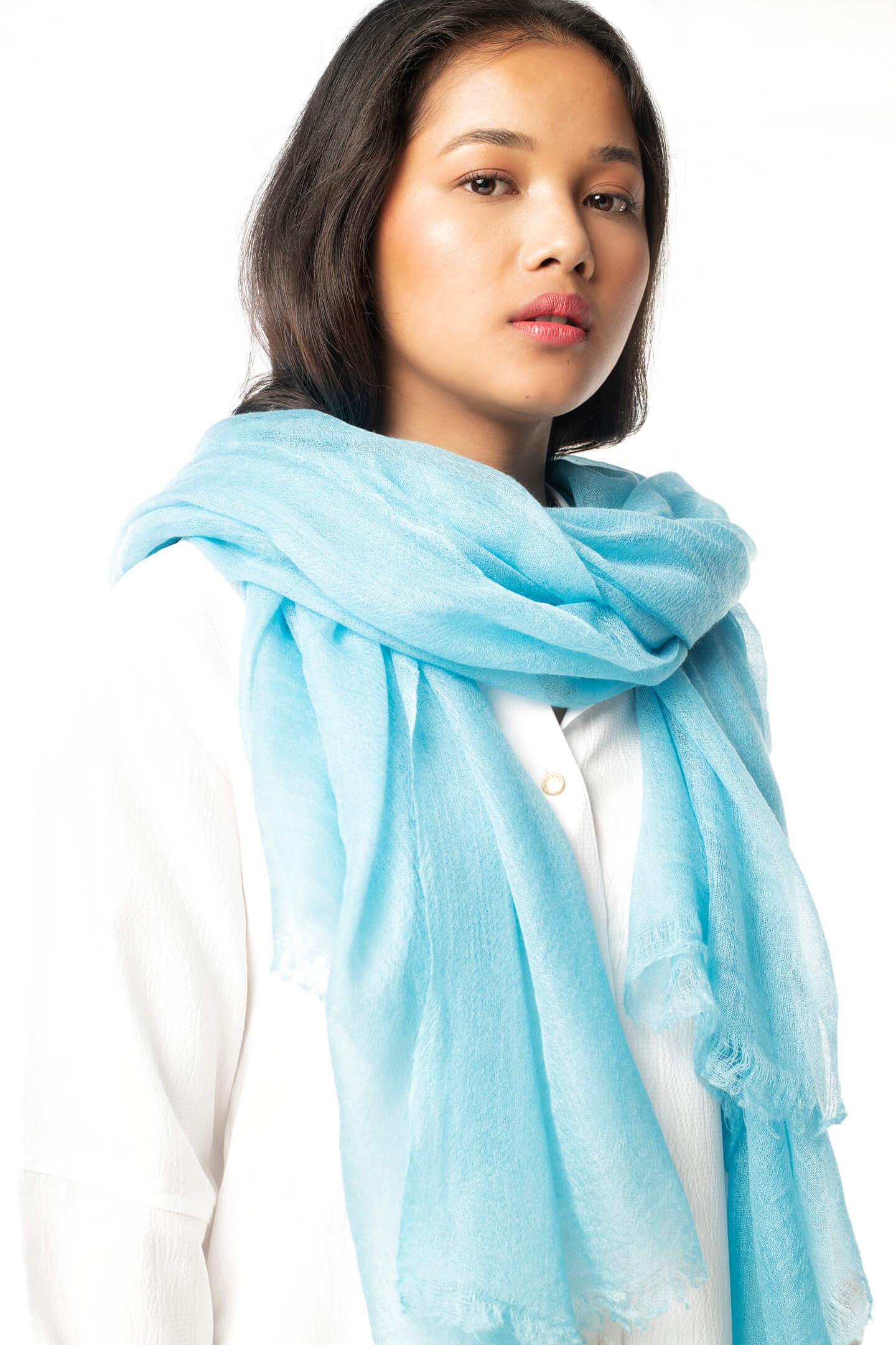 Handwoven Pure Cashmere Scarf Shawl Wrap in Aquamarine Blue