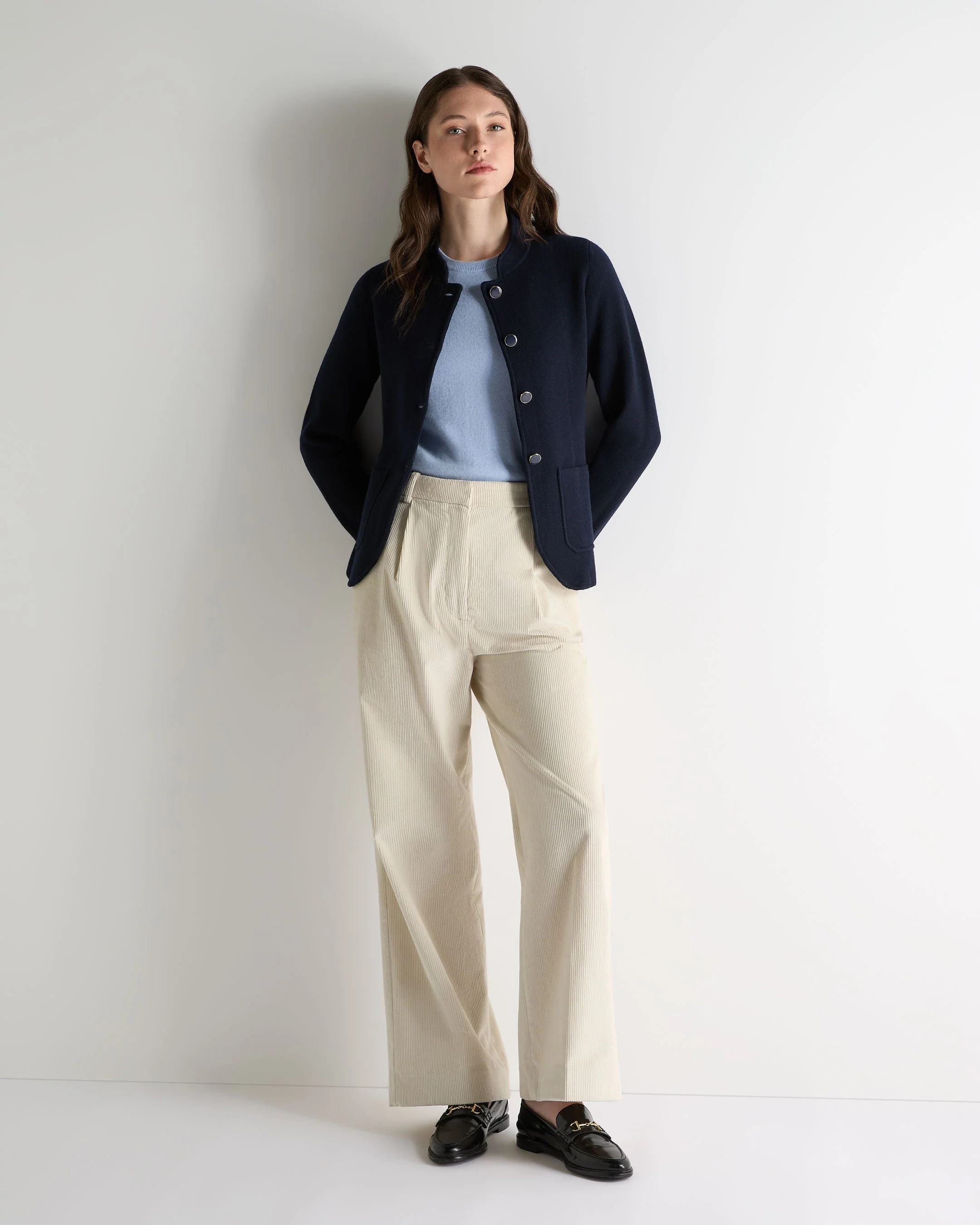 Women's Nehru Collar Cashmere Jacket Navy Blue