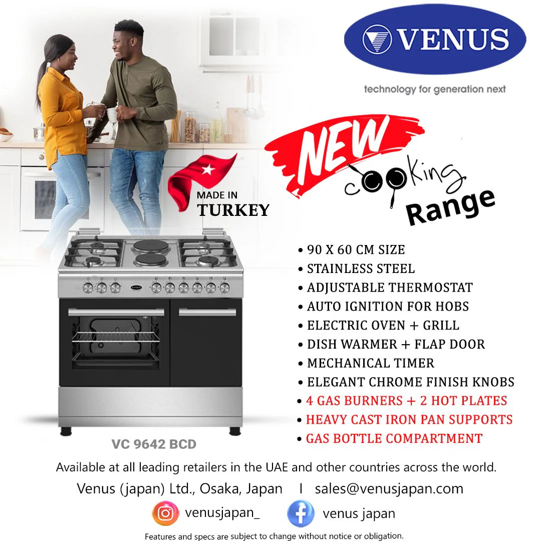 Venus 220 volt Gas and Electric Range stove cooker 36 Inches 90 CM VC9642BCD Gas and  Electric Range 4 Gas Burners + 2 Electric Hot Plate  220v  240 volts 50 / 60 hz
