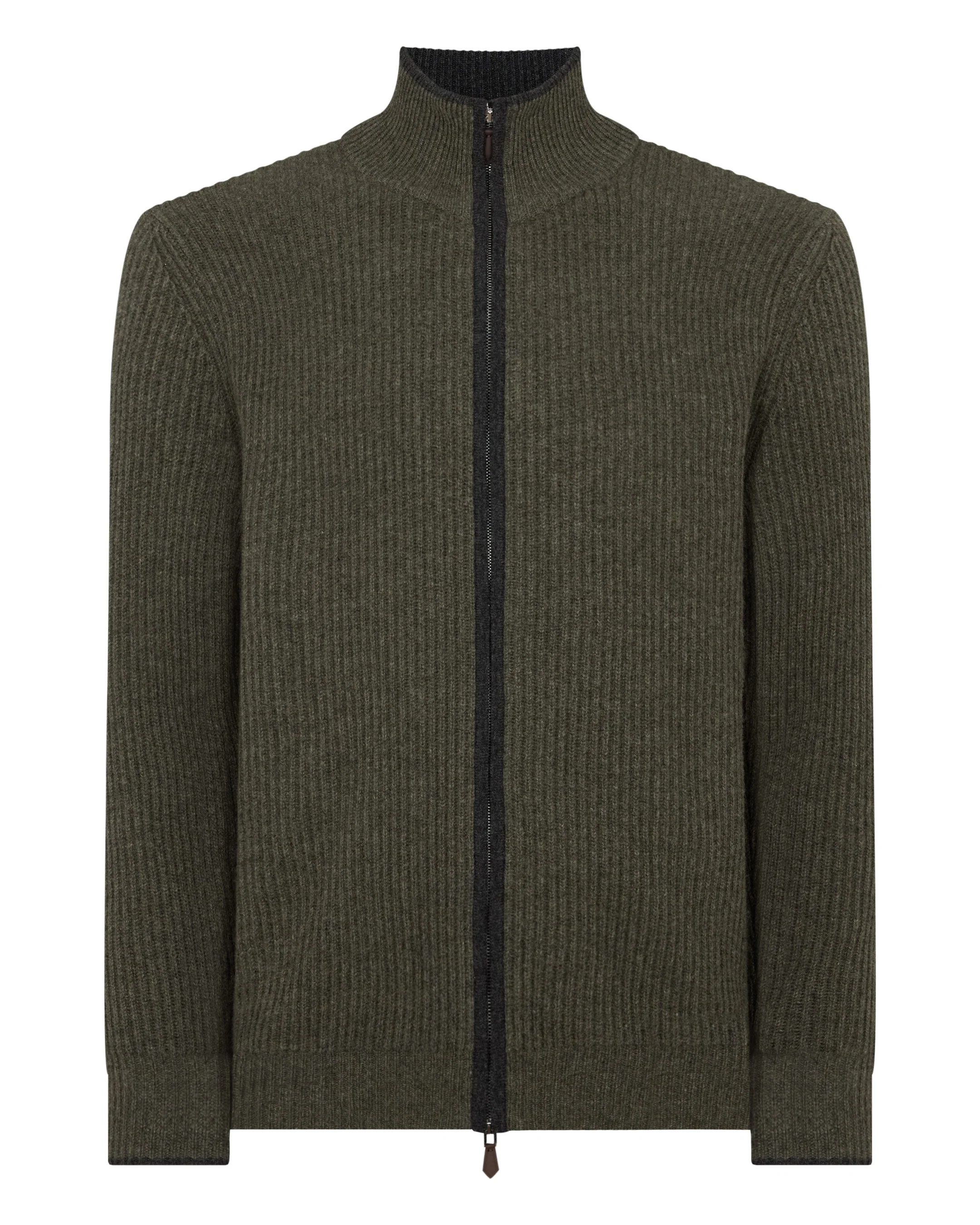 Men's Lambeth Rib Full Zip Cashmere Cardigan Moss Green