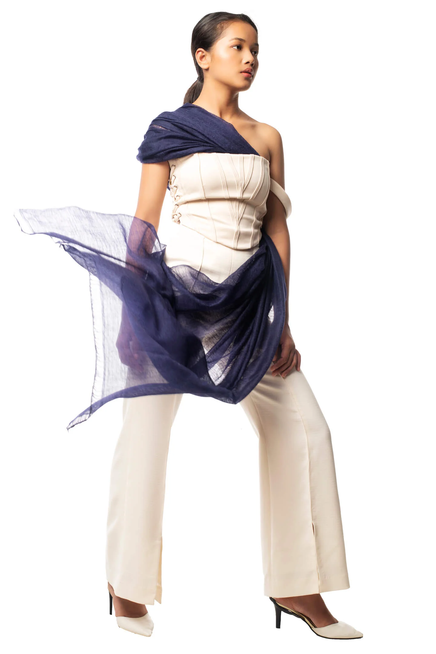 Handwoven Pure Cashmere Scarf Shawl in Indigo Blue