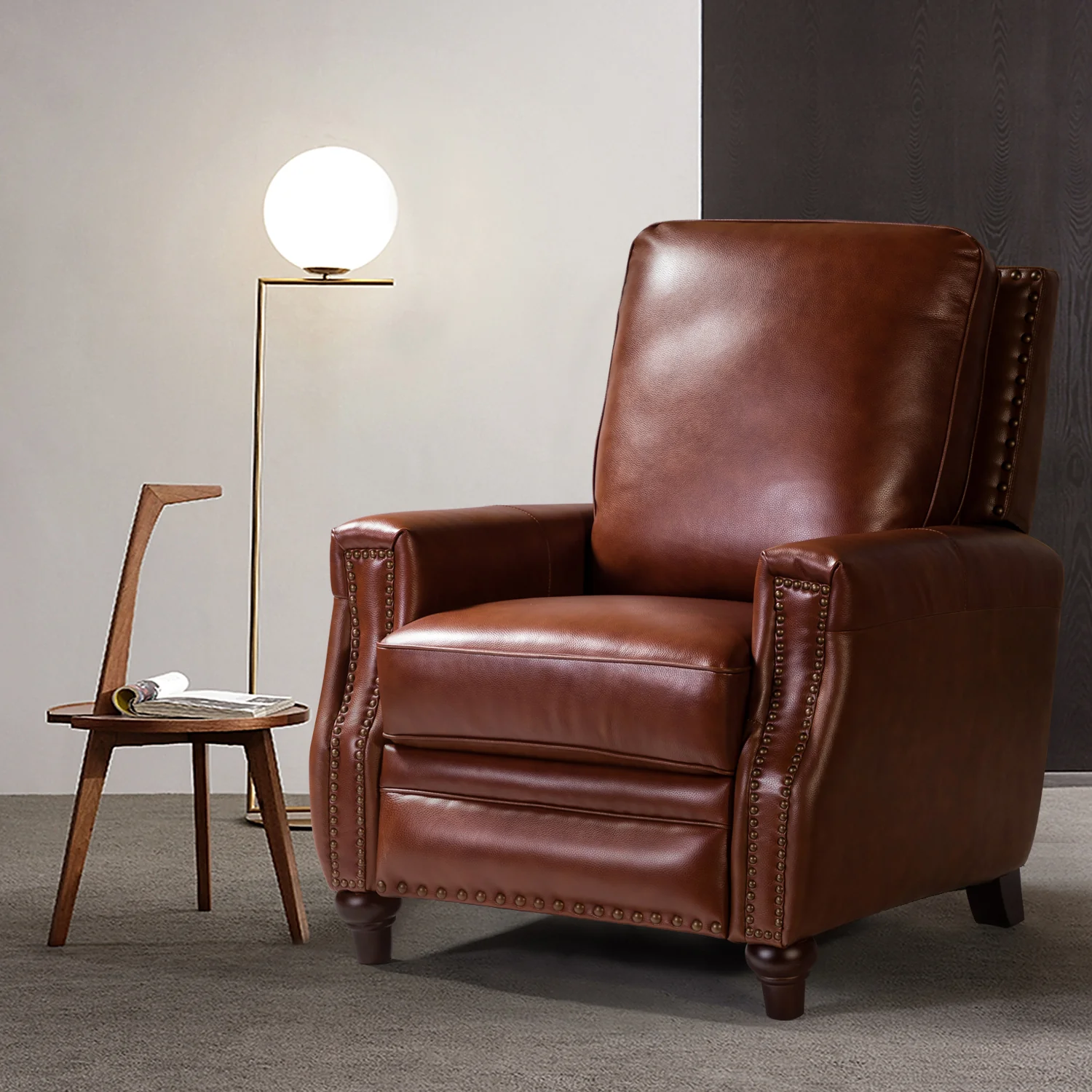Amil Genuine Leather Recliner in Brown