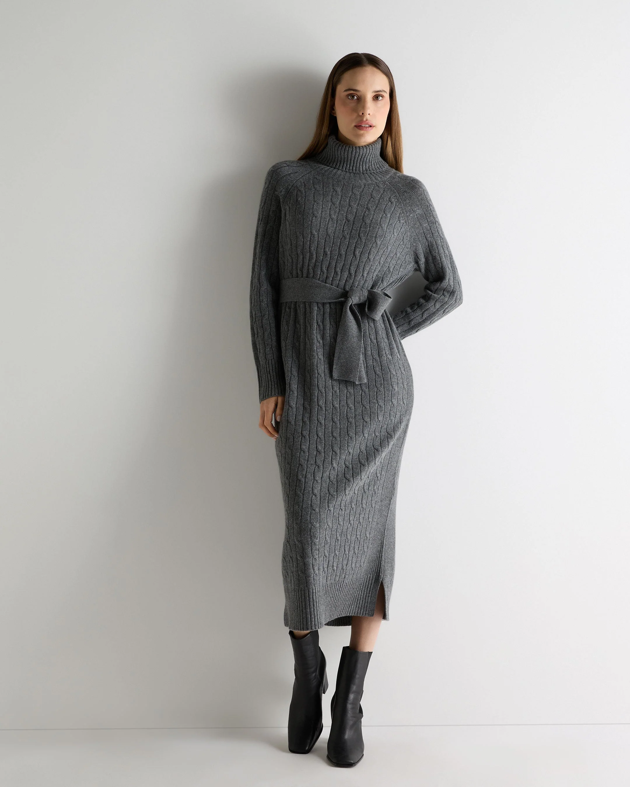 Women's Longline Cable Cashmere Dress Elephant Grey
