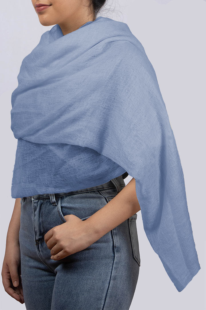 Handwoven Pure Cashmere Scarf Shawl in Periwinkle Blue