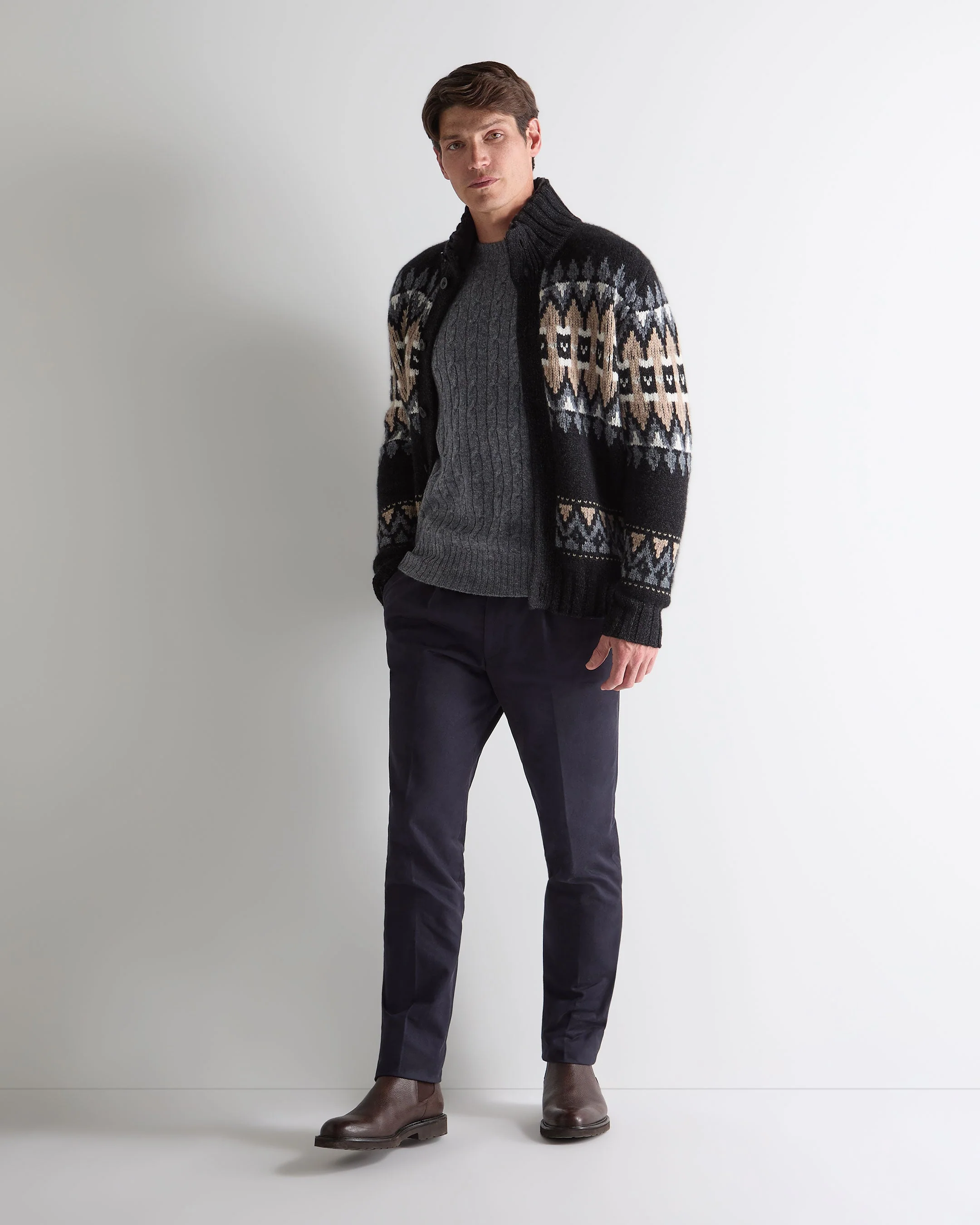 Men's Thames Cable Round Neck Cashmere Sweater Grey Melange