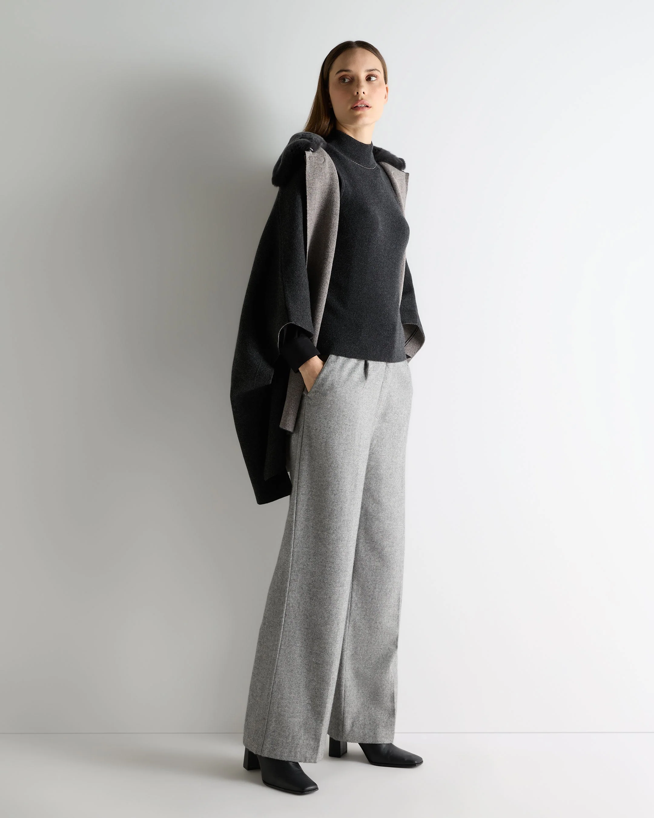 Women's Turtle Neck Cashmere Tank Top With Metal Trim Deep Charcoal Grey