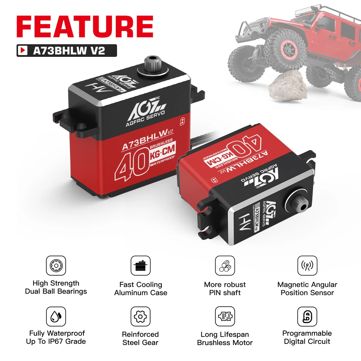 AGFRC A73BHLW V2 Servo  - HV 40KG High Torque Brushless Waterproof Digital Standard Servo For 1/10 RC Rock Crawler Buggy Car Boat Truck