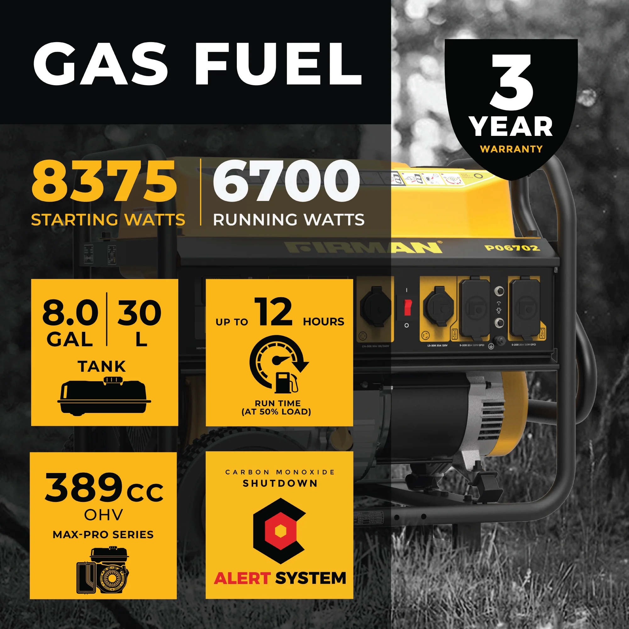 Gas Portable Generator 8375W Recoil Start 120/240V With CO Alert