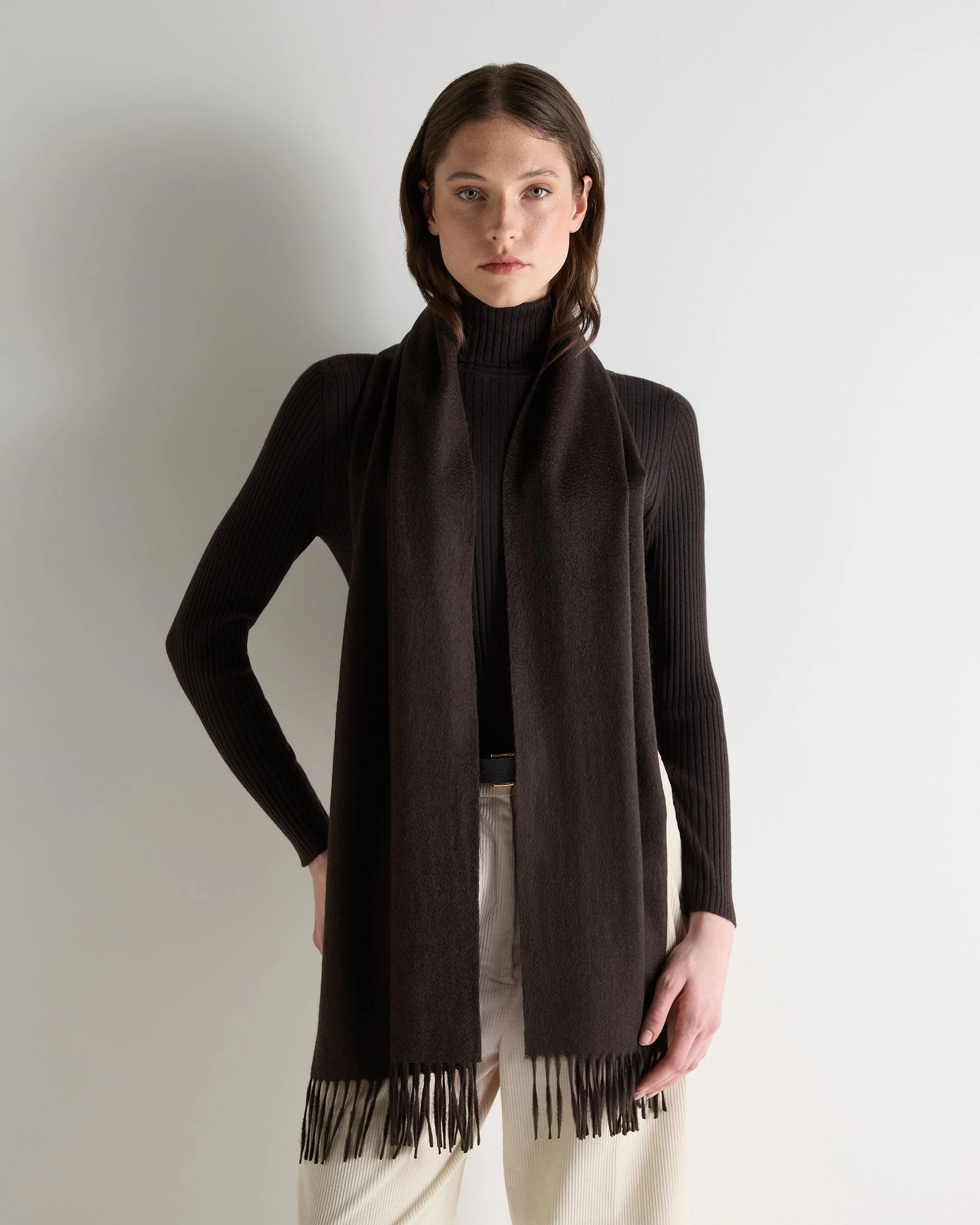 Unisex Large Woven Cashmere Scarf Chocolate Brown