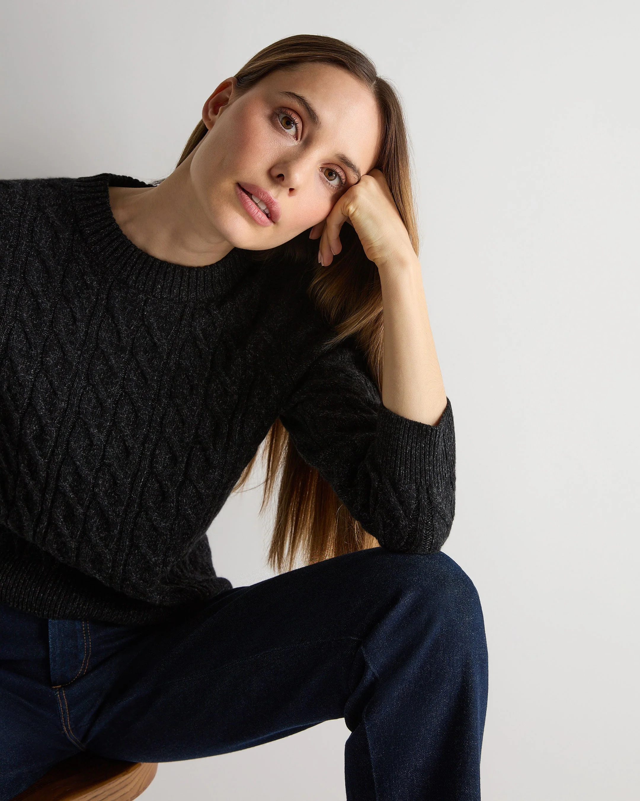 Women's Emilia Cable Round Neck Cashmere Sweater Charcoal Grey Melange