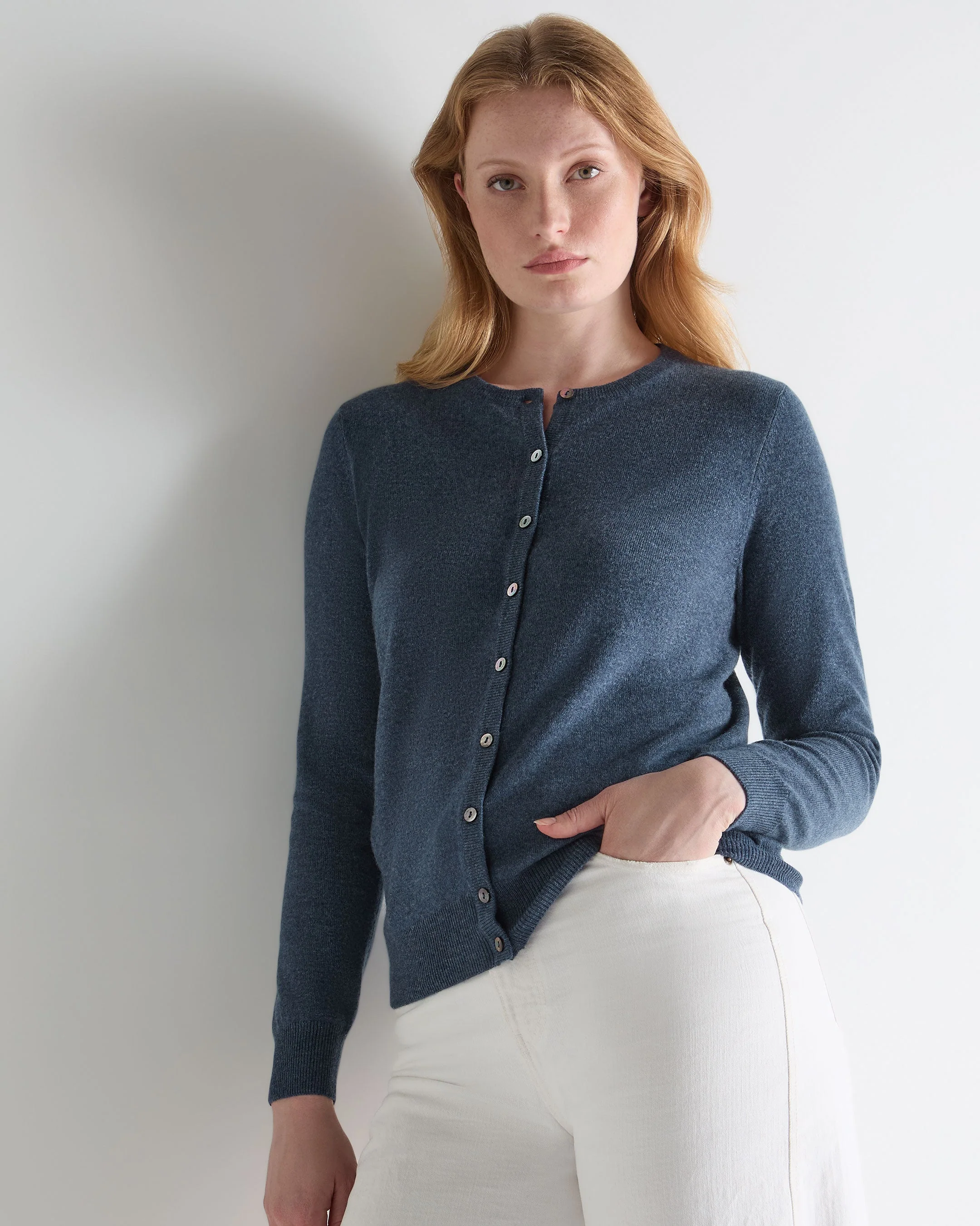 Women's Olivia Round Neck Cashmere Cardigan Light Denim Blue