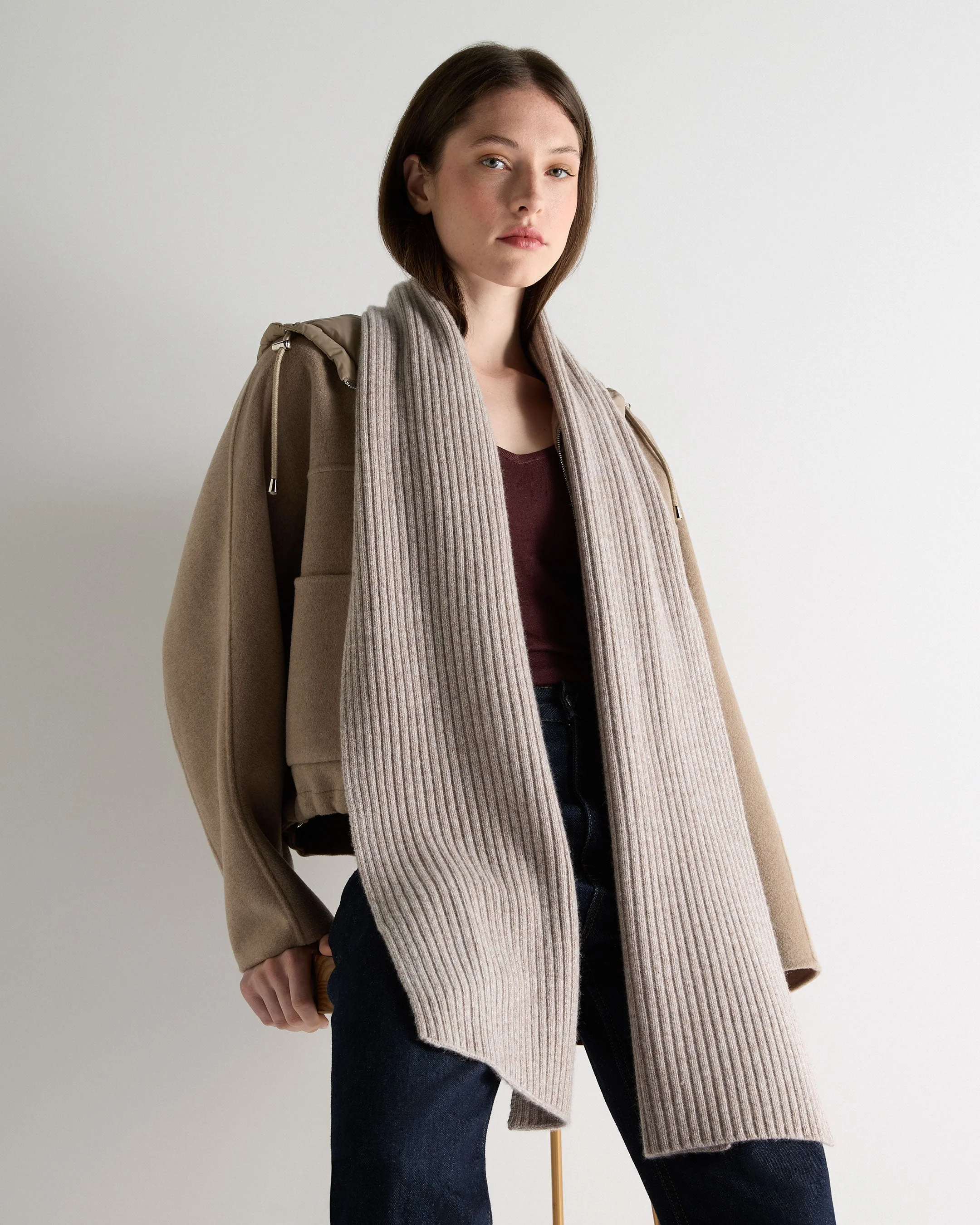 Unisex Chunky Rib Cashmere Scarf Basilica Beige Brown Marl