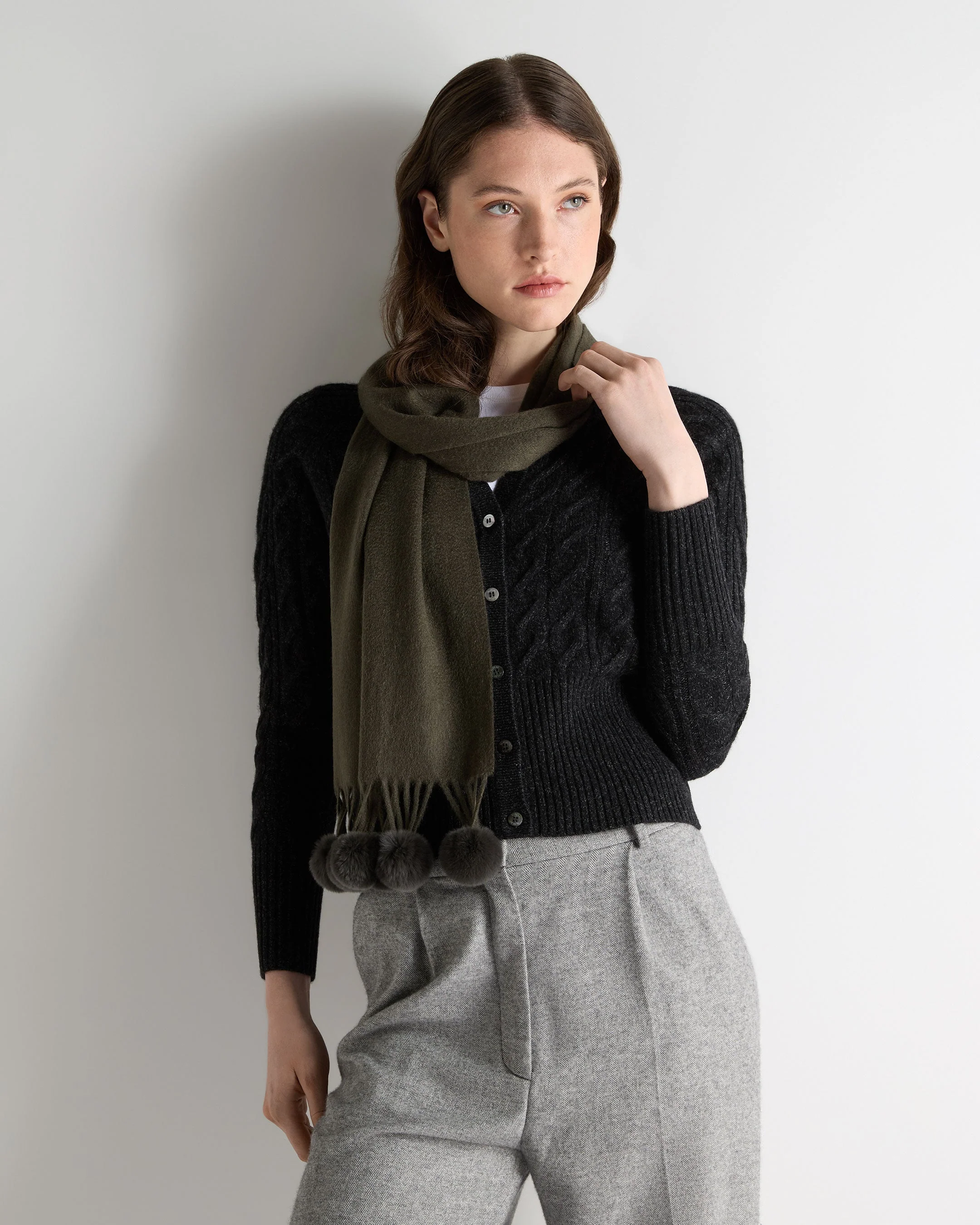 Women's Davos Fur Bobble Cashmere Scarf Arabica Khaki Green