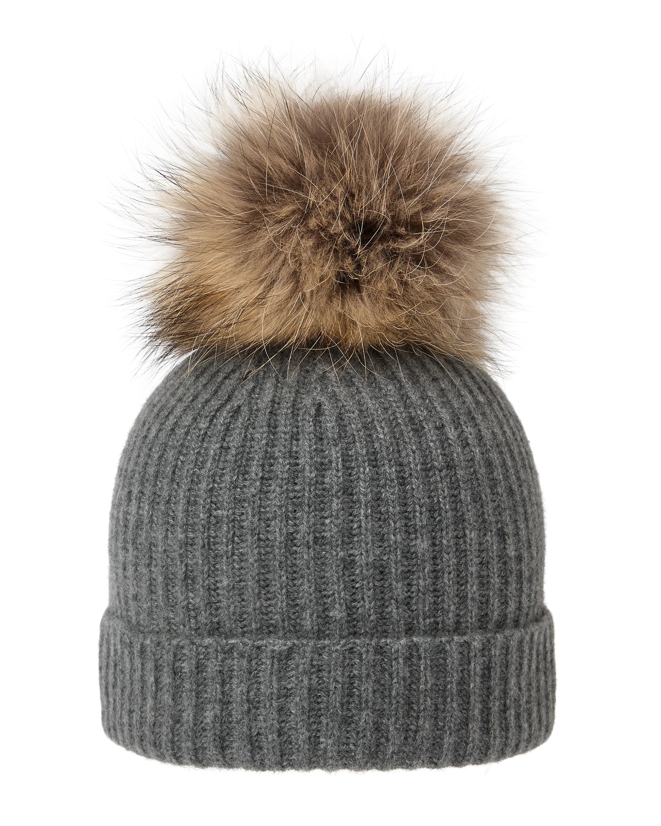 Unisex Ribbed Cashmere Hat With Detachable Pom Elephant Grey