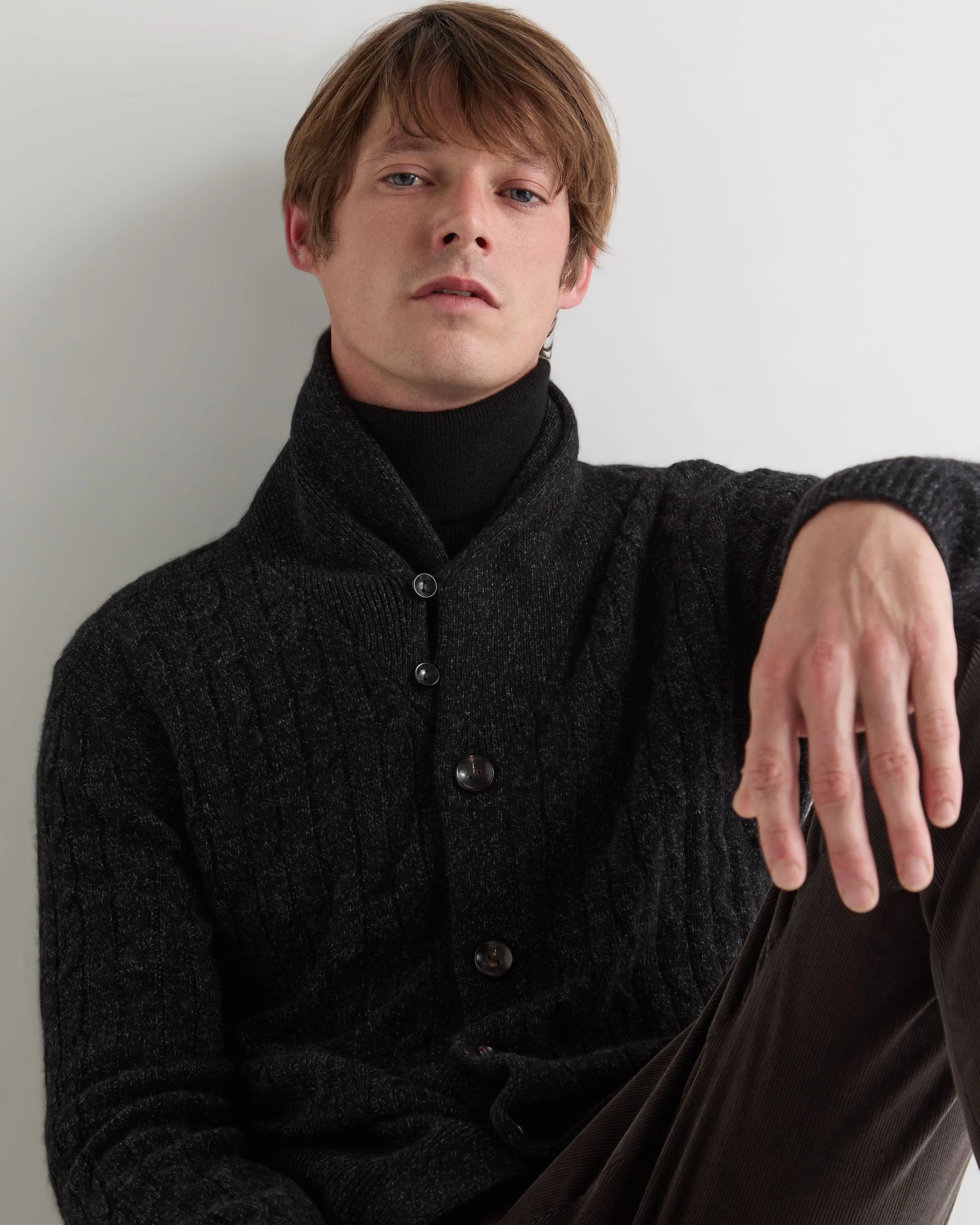 Men's Garrick Shawl Cable Cashmere Cardigan Charcoal Grey Melange