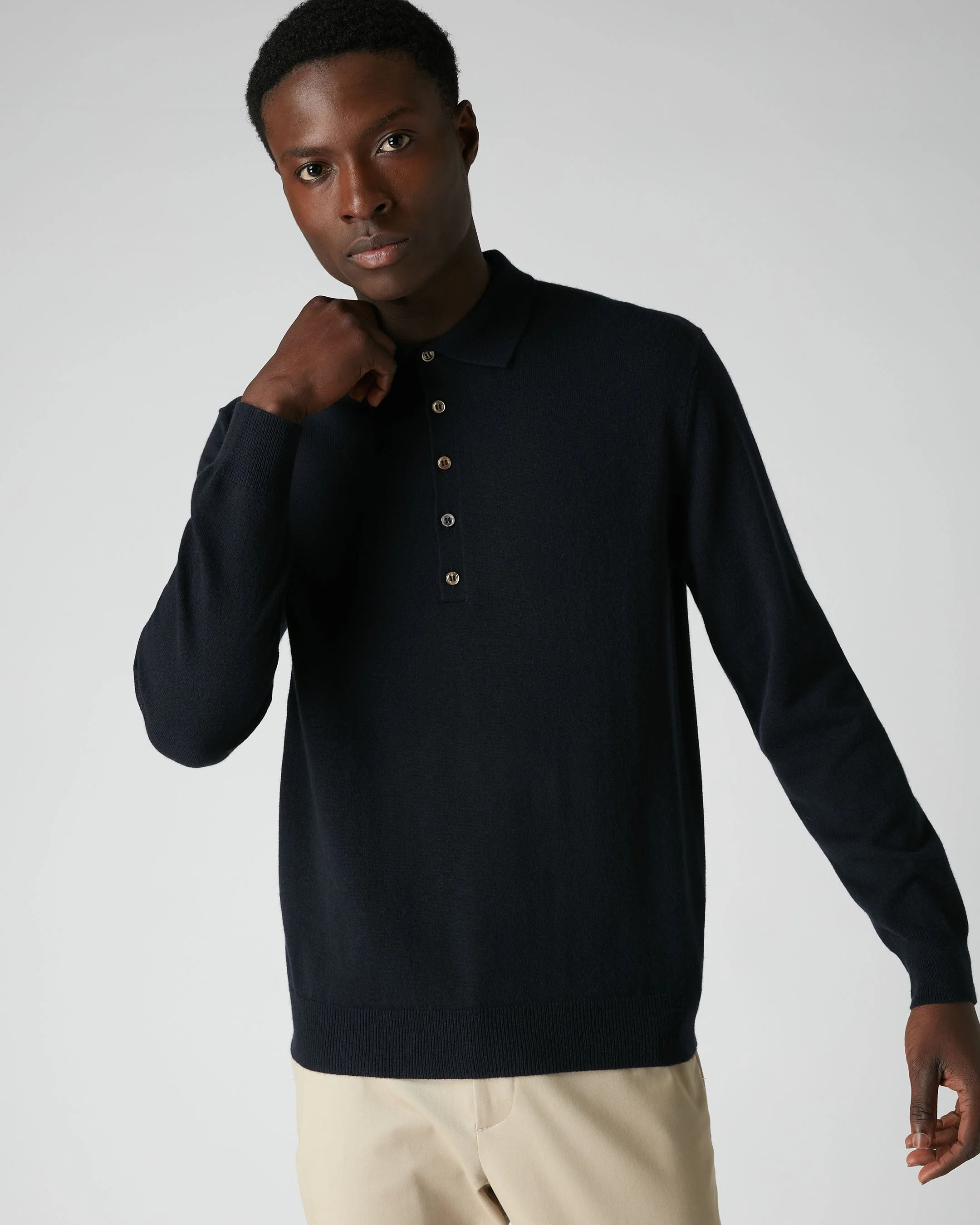 007 5 Button Cashmere Polo Shirt Navy Blue
