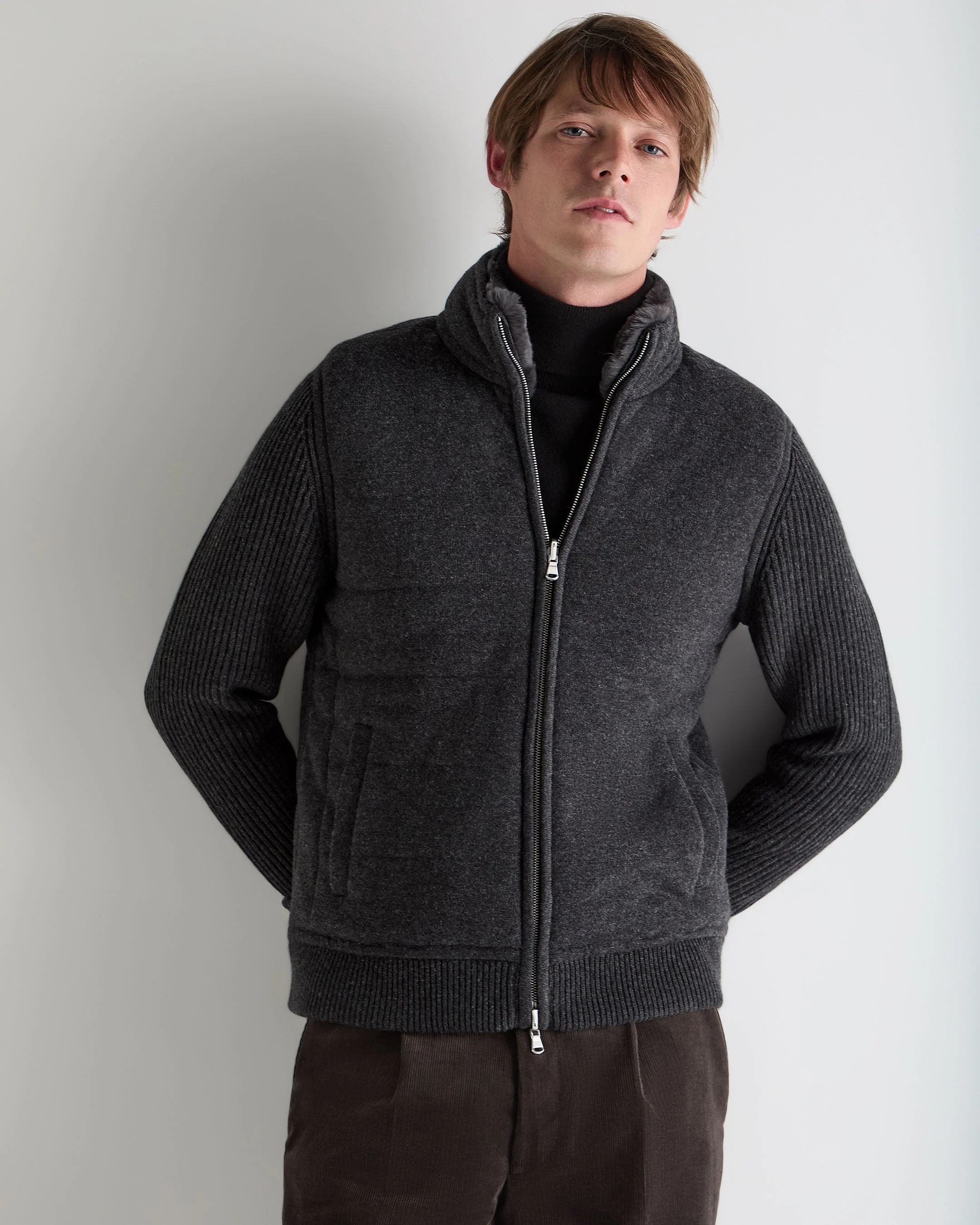 Men's Mall Padded Cashmere Jacket Deep Charcoal Grey