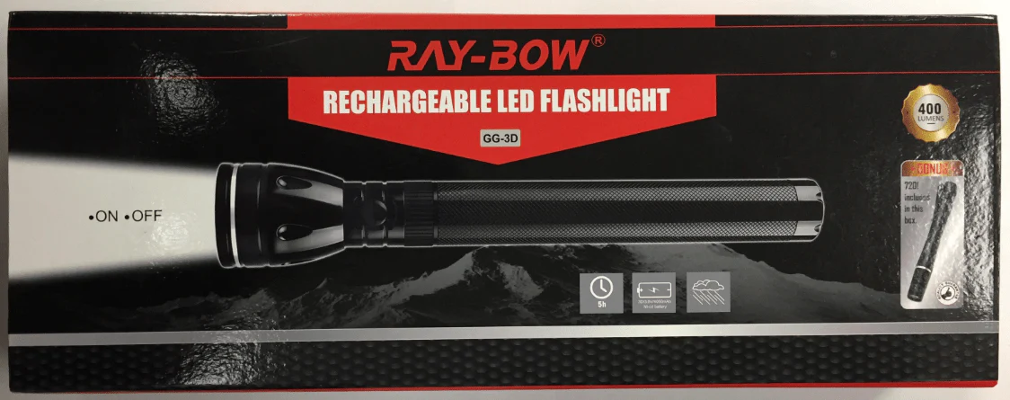 Ray-Bow GG-3D 400 Lumens Rechargeable LED Flashlight 110~220 Volt 50/60 HZ With Bonus LED Penlight