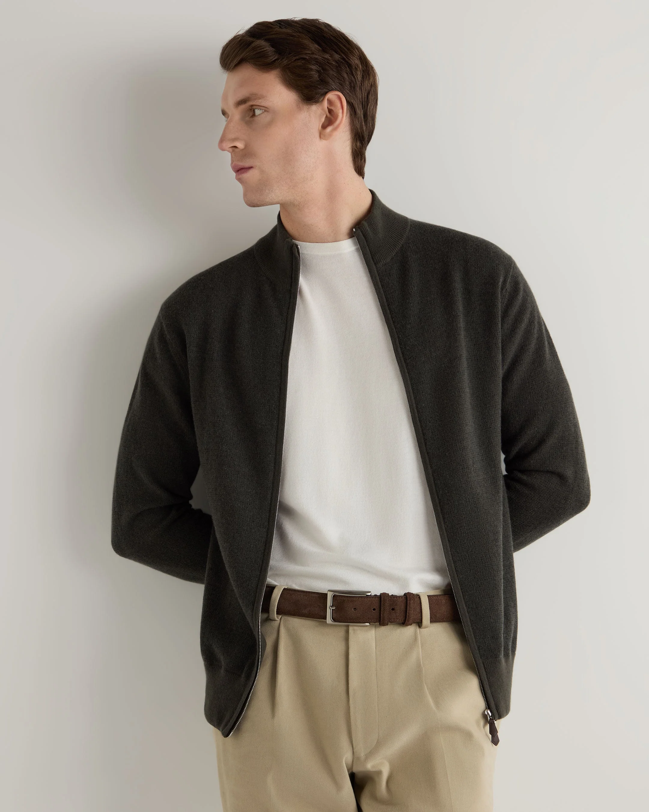 Men's Knightsbridge Full Zip Cashmere Jumper Arabica Khaki Green