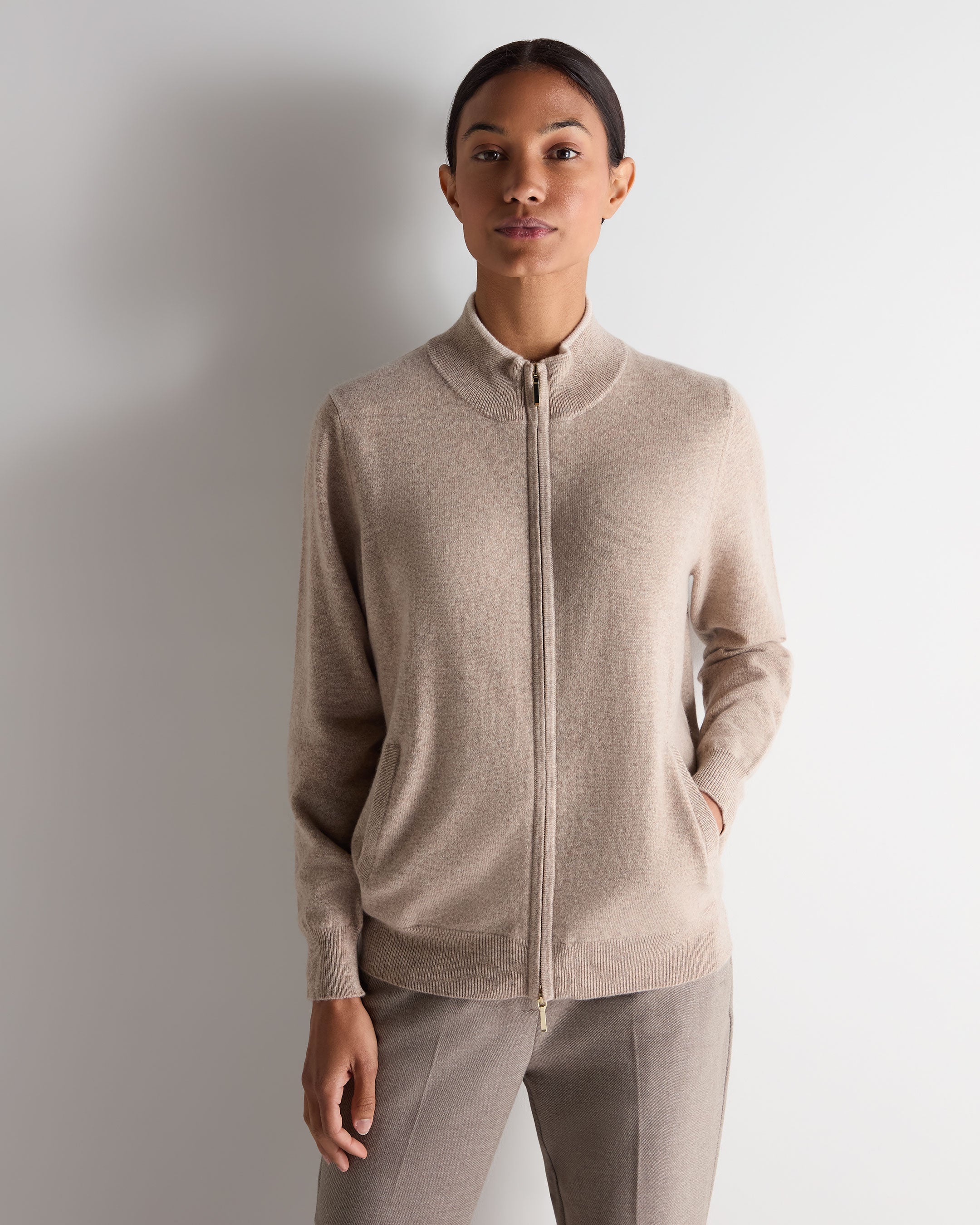 Women's Alisa Full Zip Cashmere Cardigan Oatmeal Brown