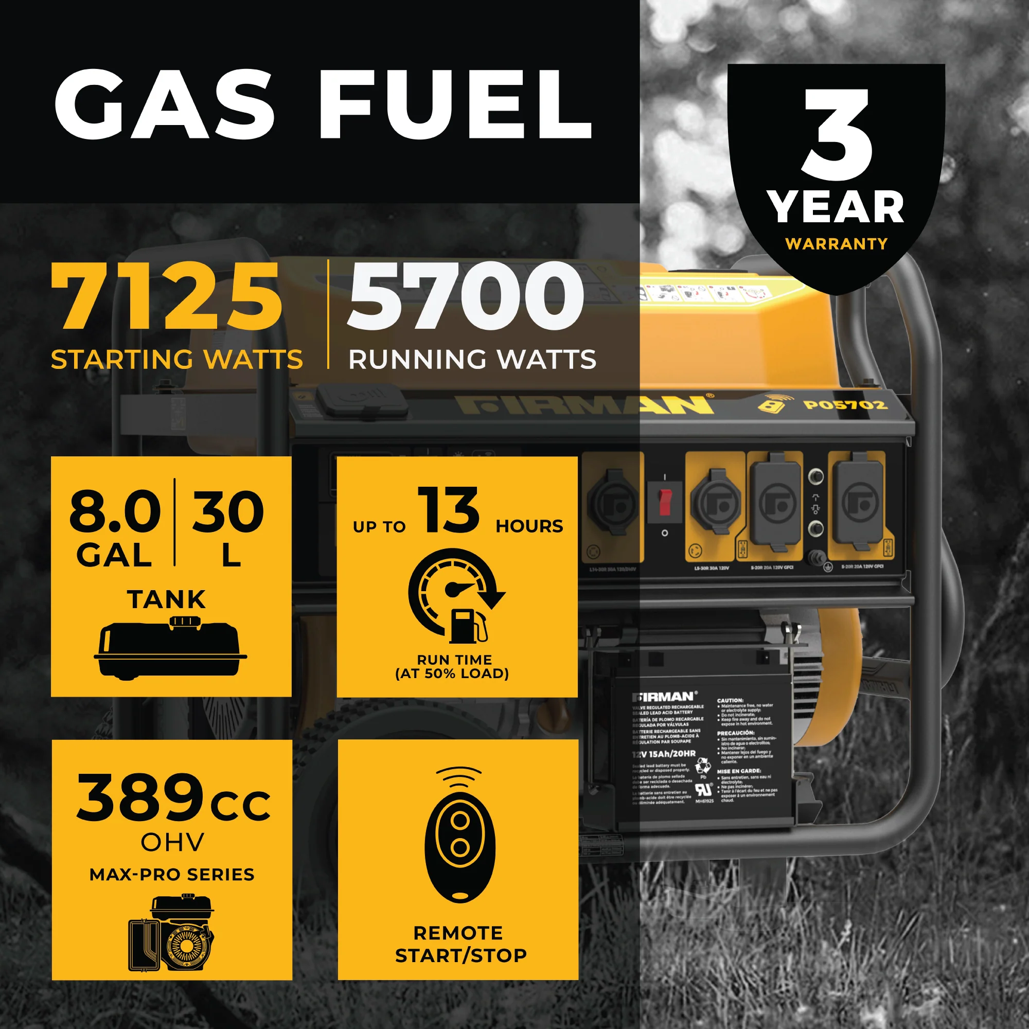 Gas Portable Generator 7125W Remote Start 120/240V