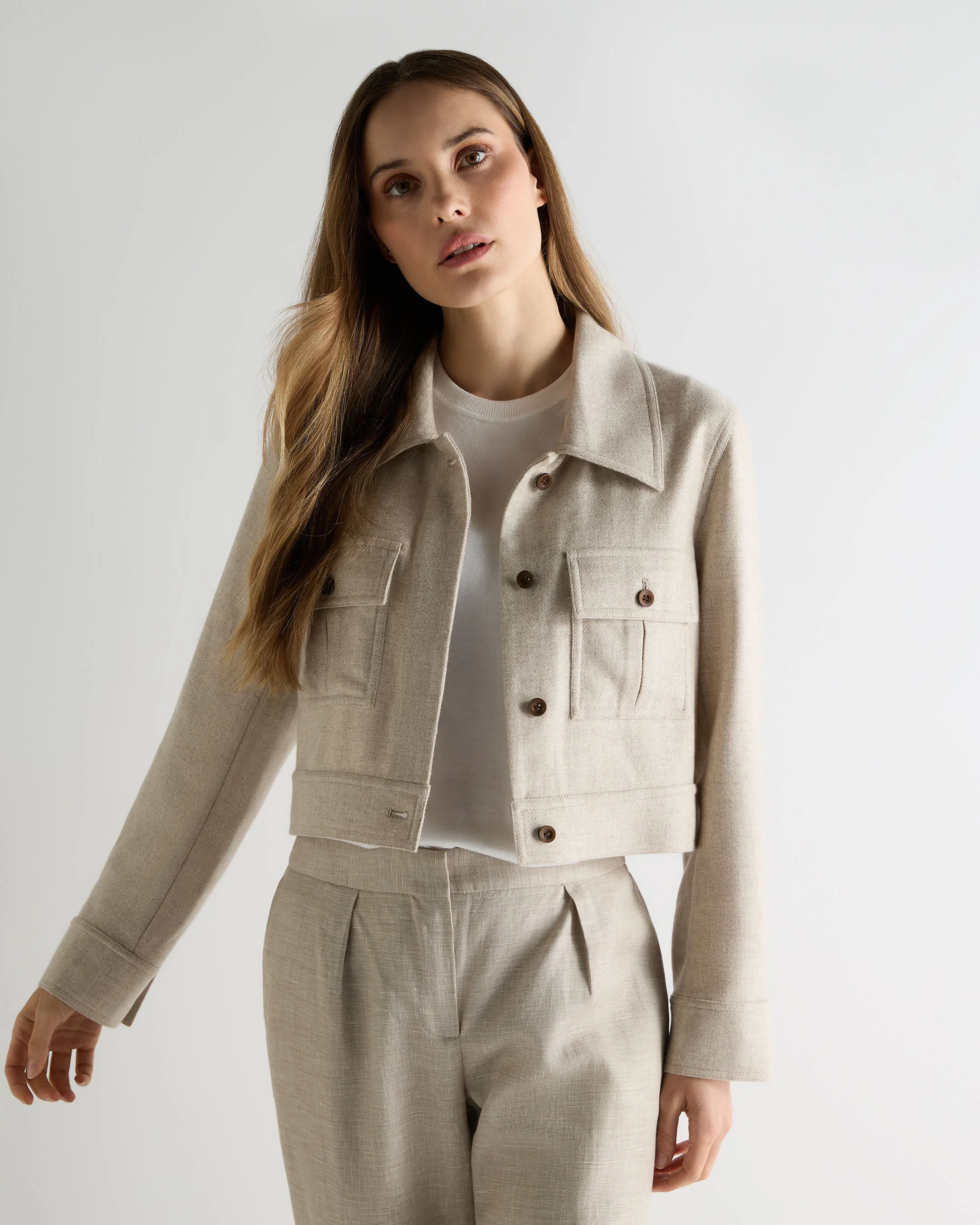 Women's Woven Cashmere Cropped Jacket Beige Brown