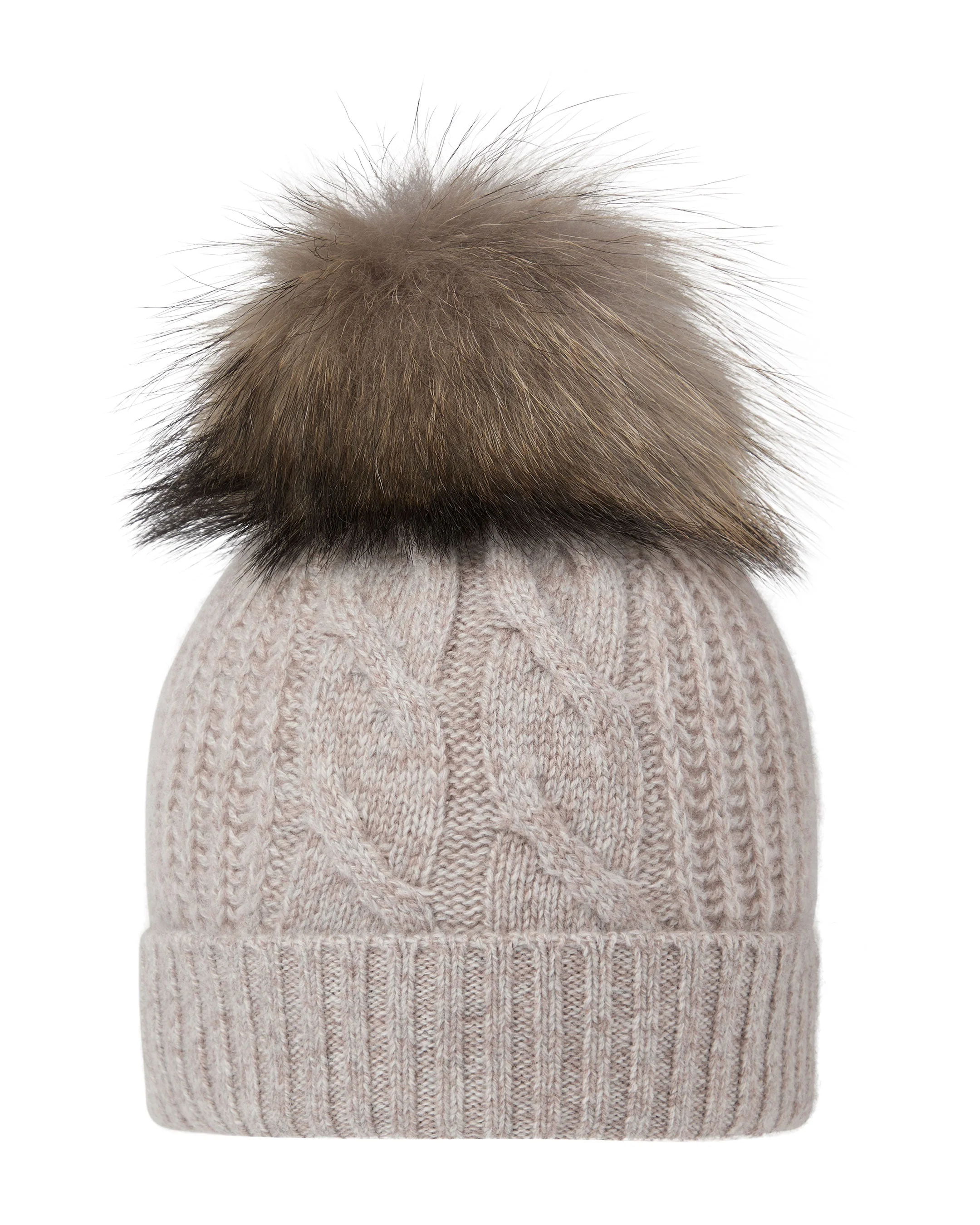 Unisex Chunky Cable Cashmere Pom Hat Basilica Beige Brown Marl