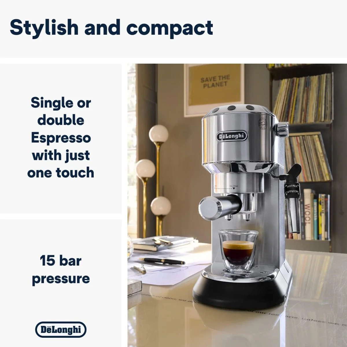 Delonghi 220 volt Dedica Style Traditional pump Espresso Coffee and Cappuccino maker Silver 220v 240 volts 50 hz EC685M220v